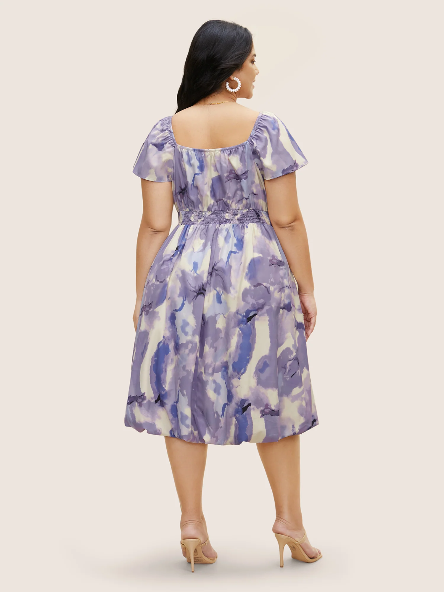 Watercolor Floral Bubble Hem Pockets Dress - Image 4