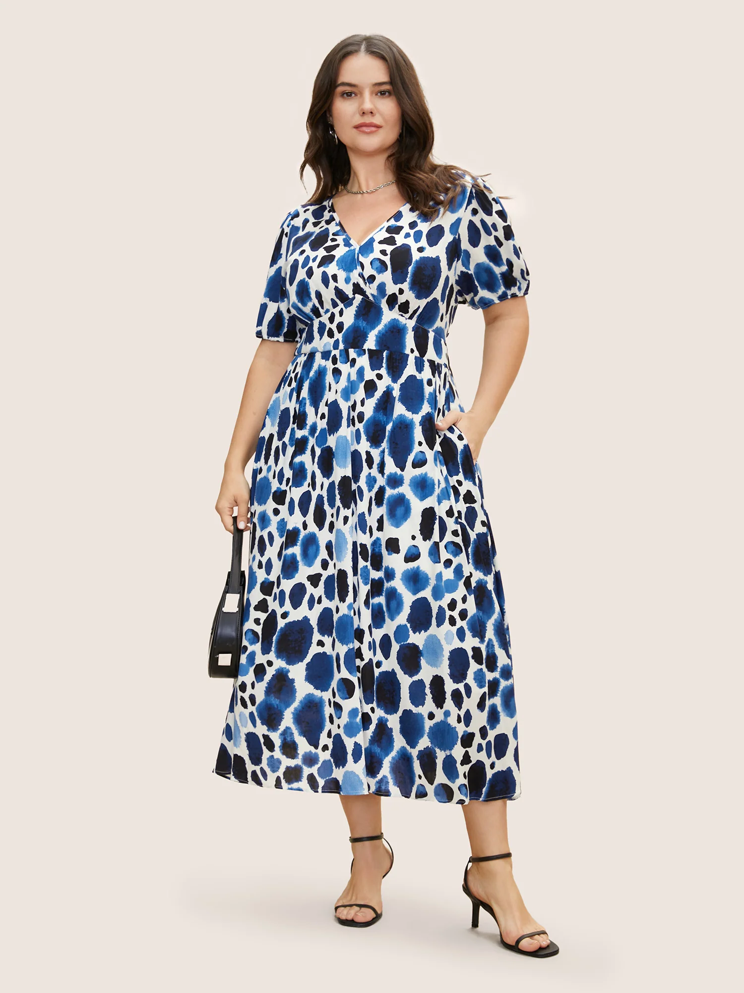 Watercolor Polka Dot Wrap Lantern Sleeve Dress - Image 2