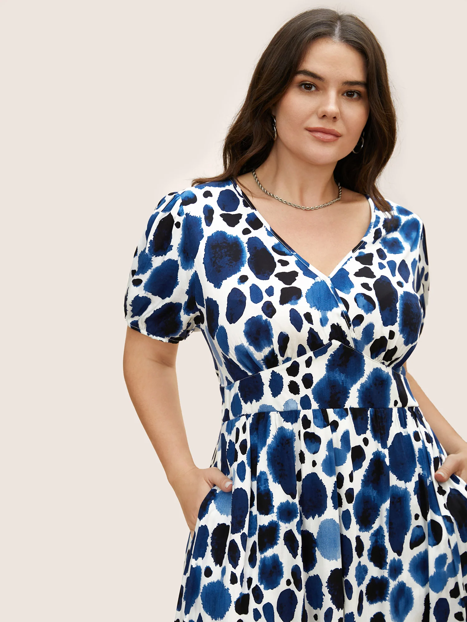 Watercolor Polka Dot Wrap Lantern Sleeve Dress - Image 3