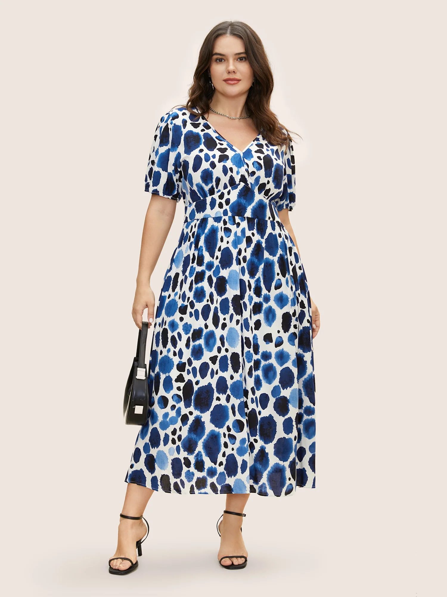 Watercolor Polka Dot Wrap Lantern Sleeve Dress - Image 4