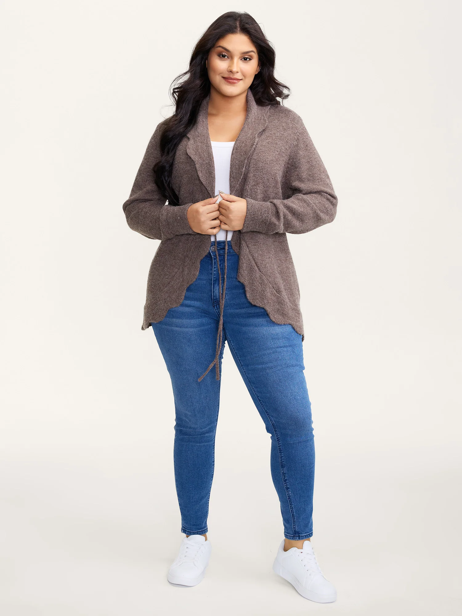 Wavy Arc Hem Tie-Front Knit Cardigan - Image 3