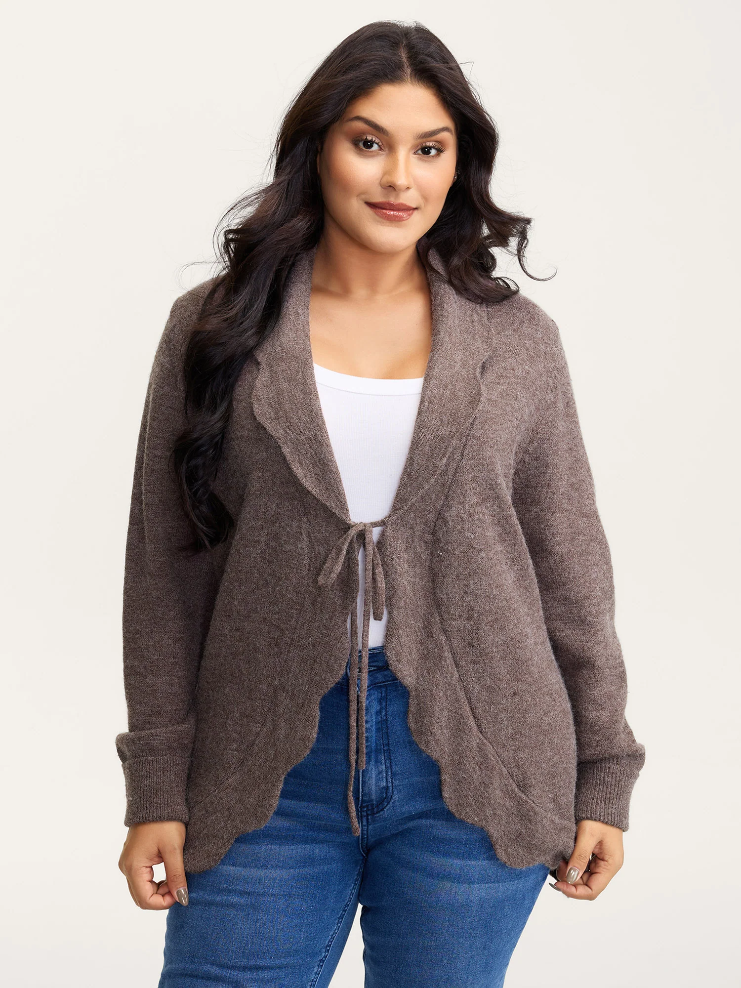 Wavy Arc Hem Tie-Front Knit Cardigan - Image 4
