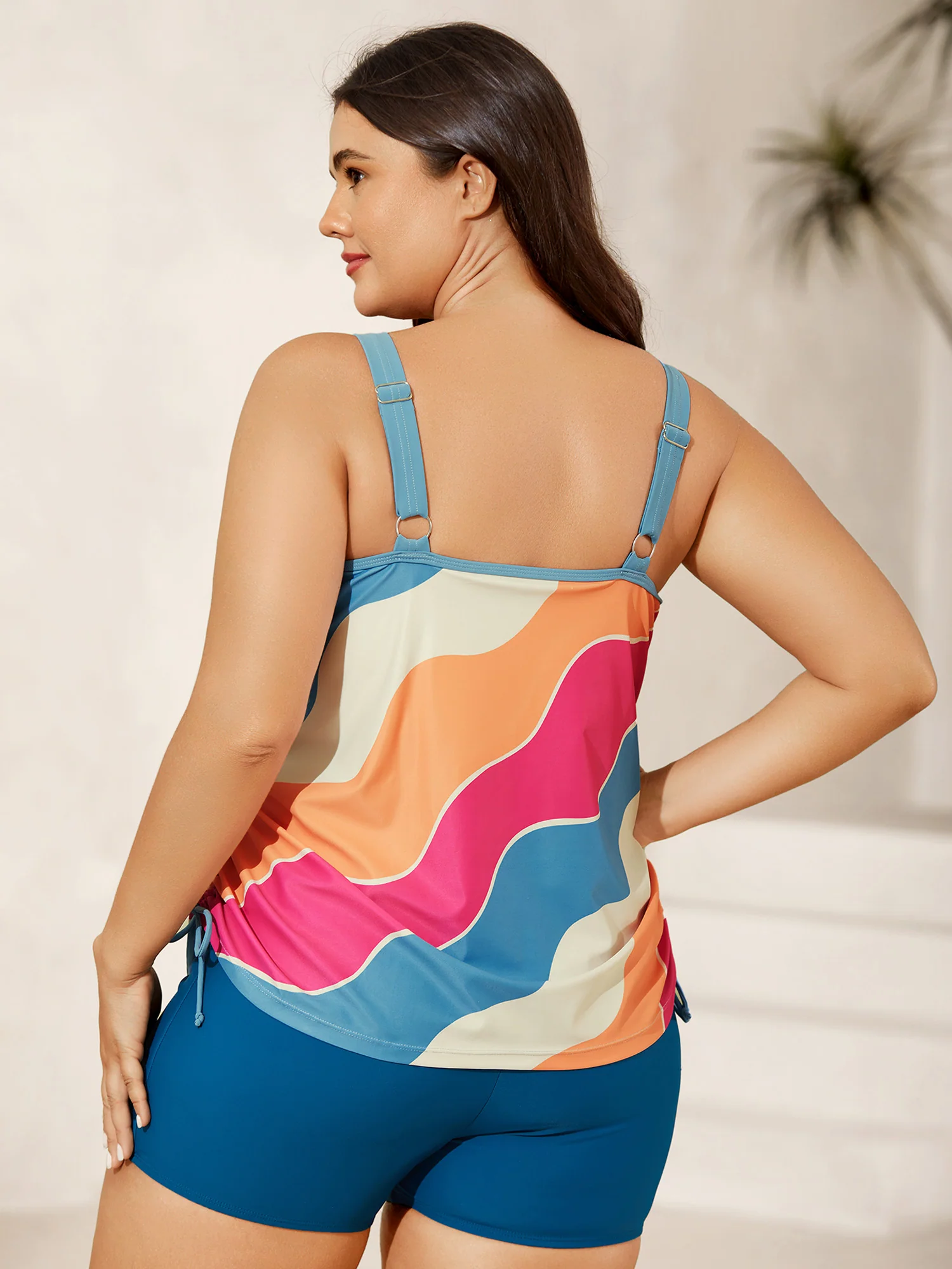 Wavy Color Block Side Drawstring Swim Top - Image 2