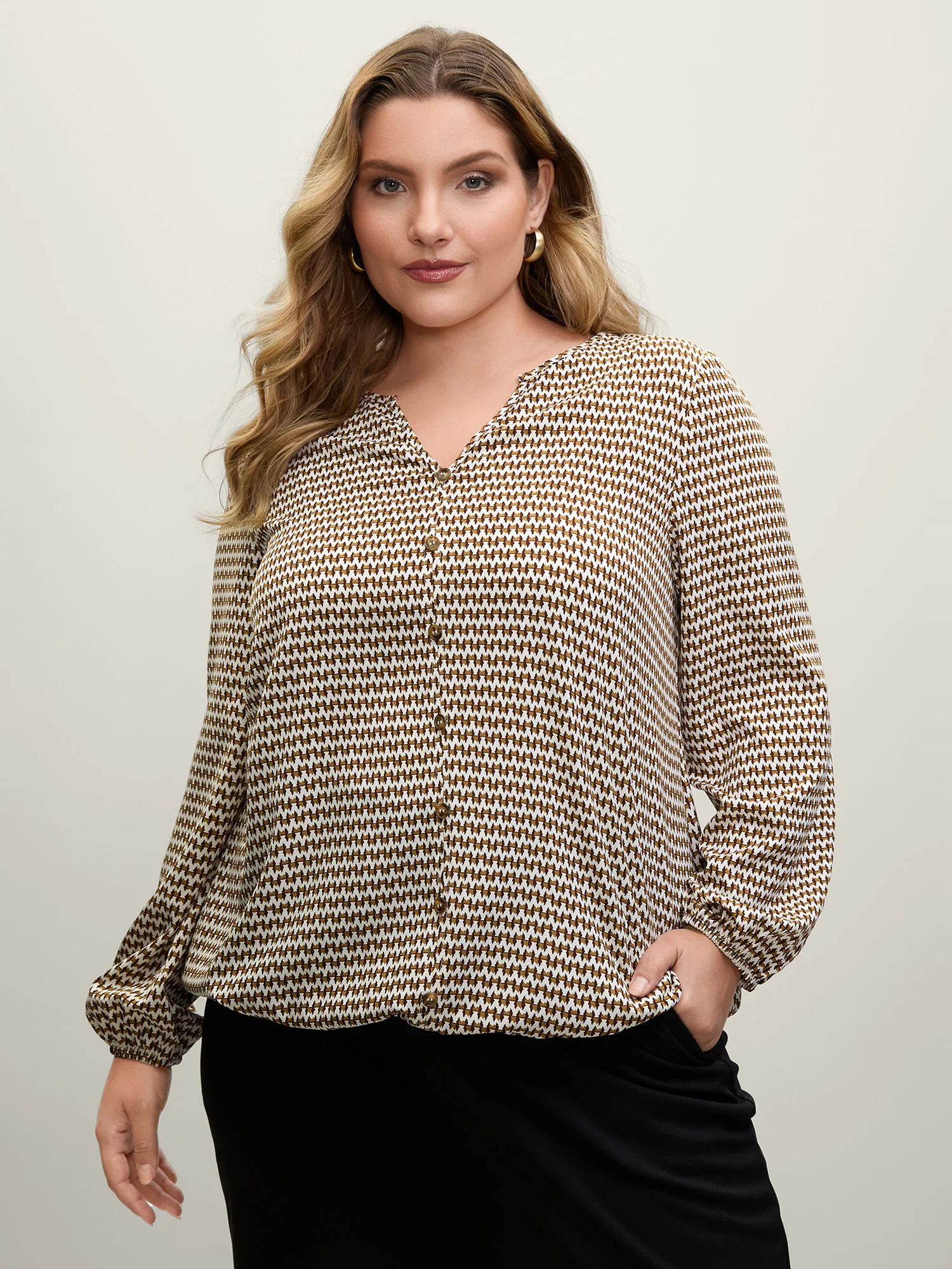 Wavy Stripe Button Detail Split Neck Blouse