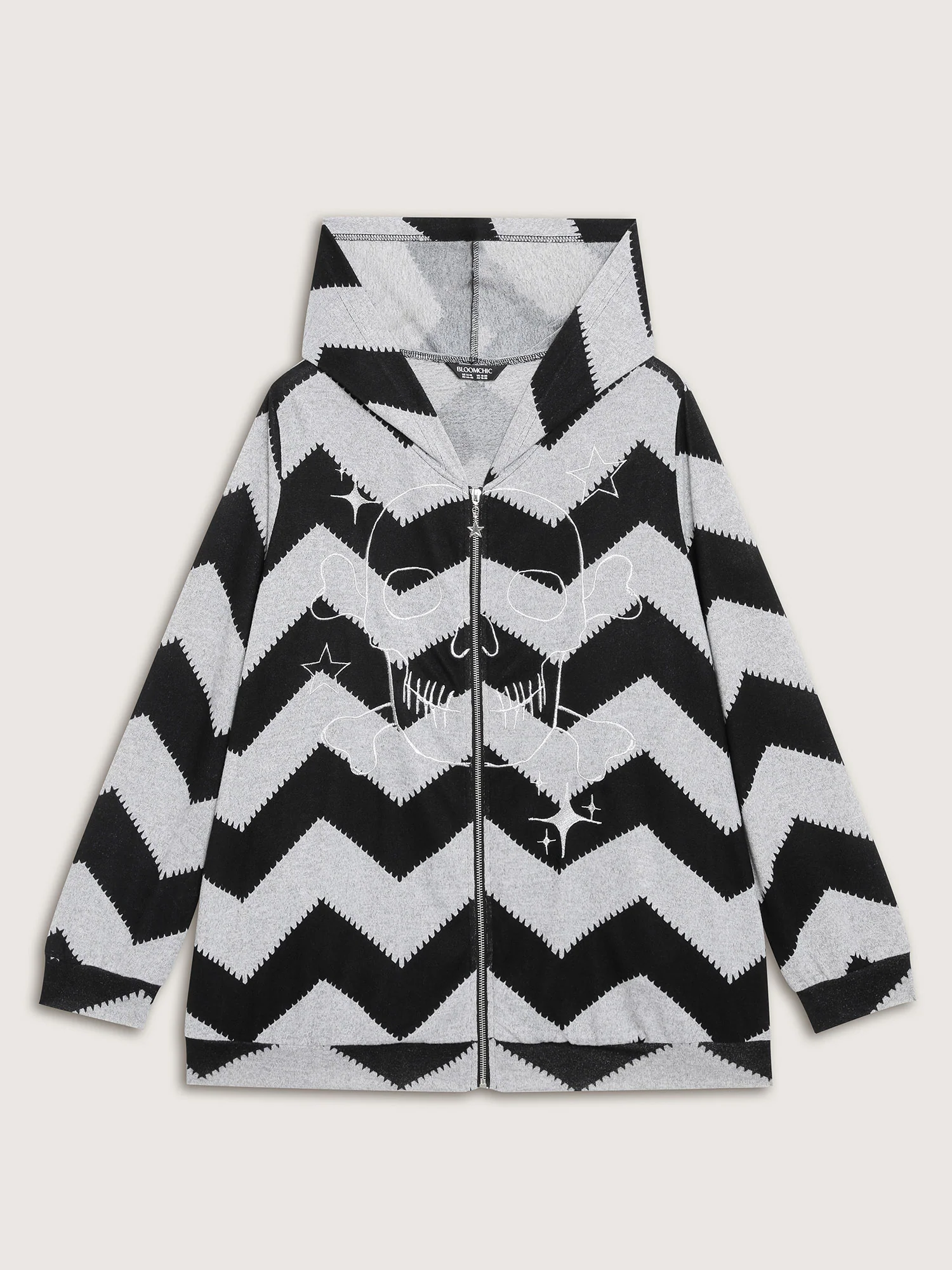 Wavy Stripe Skull Embroidery Zipper Hoodie - Image 10