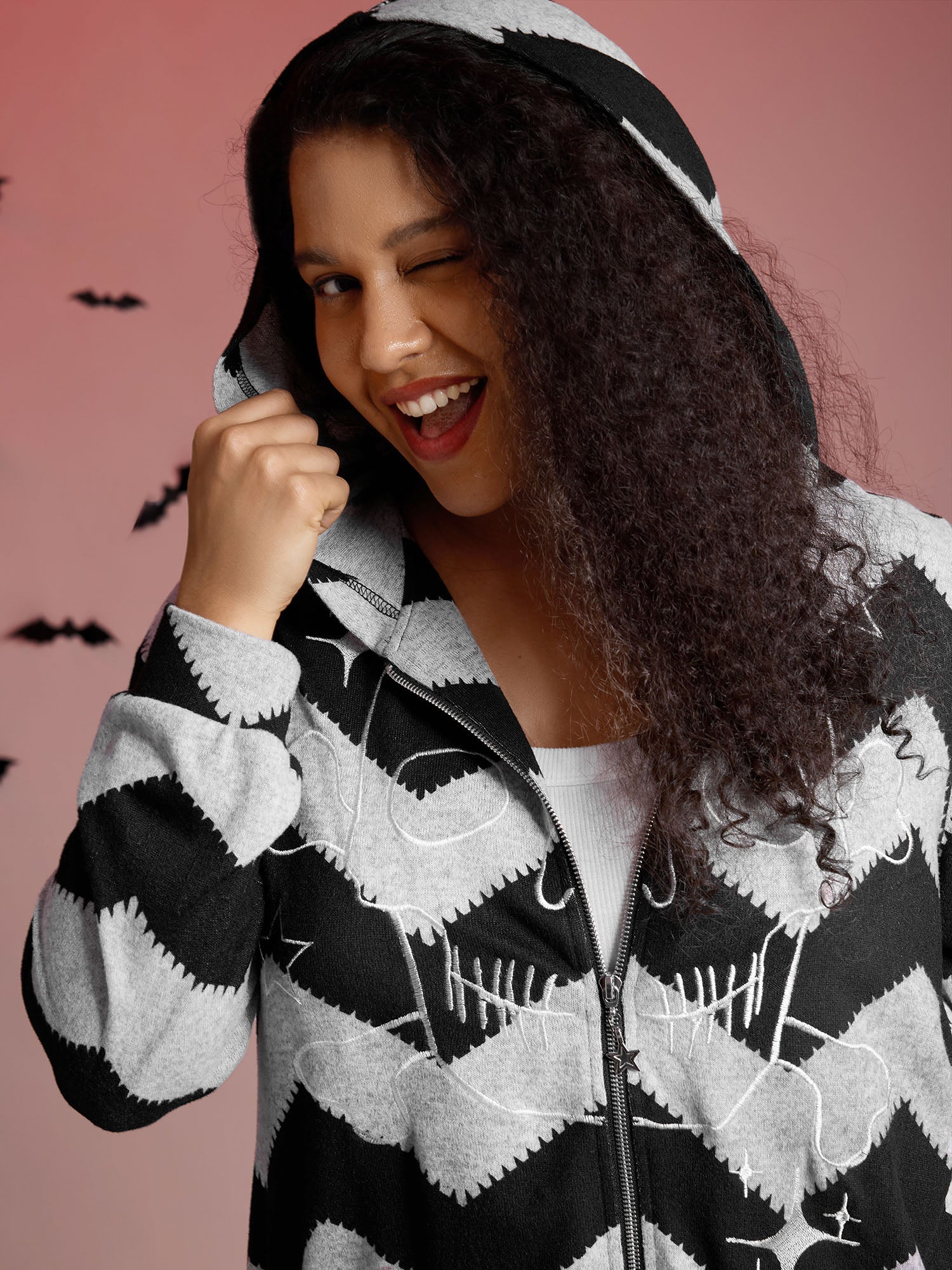 Wavy Stripe Skull Embroidery Zipper Hoodie - Image 2