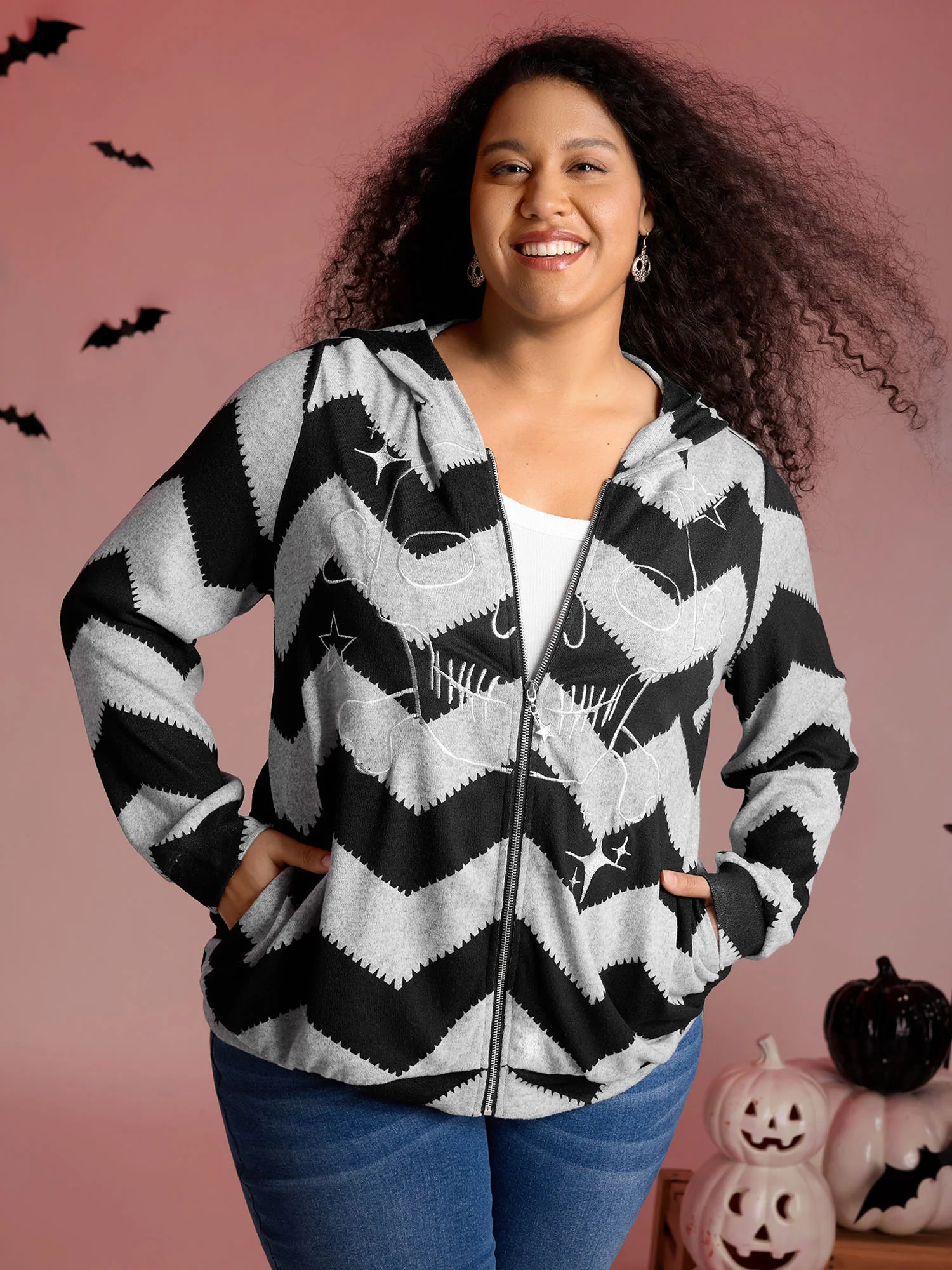 Wavy Stripe Skull Embroidery Zipper Hoodie - Image 4