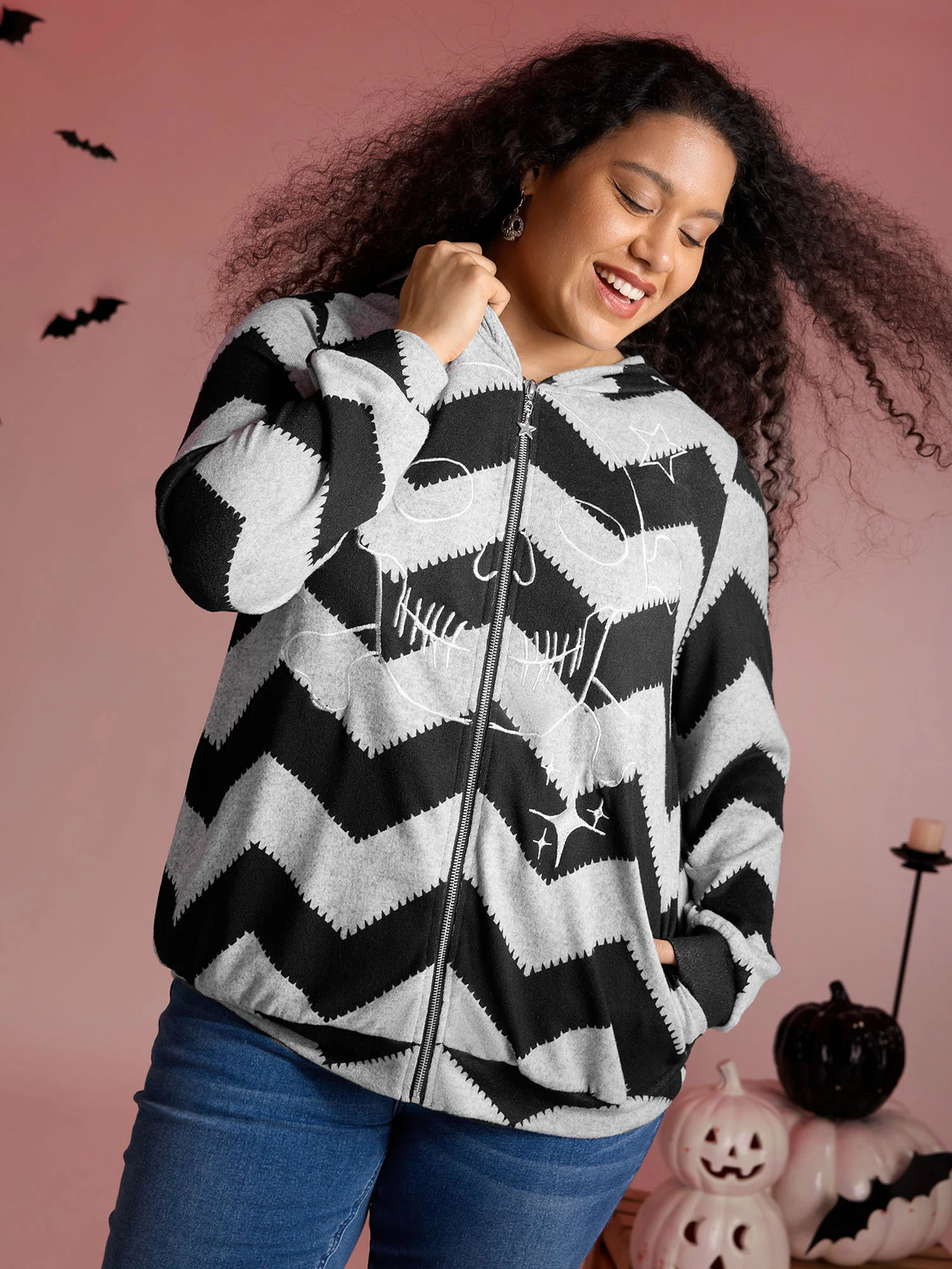 Wavy Stripe Skull Embroidery Zipper Hoodie - Image 5