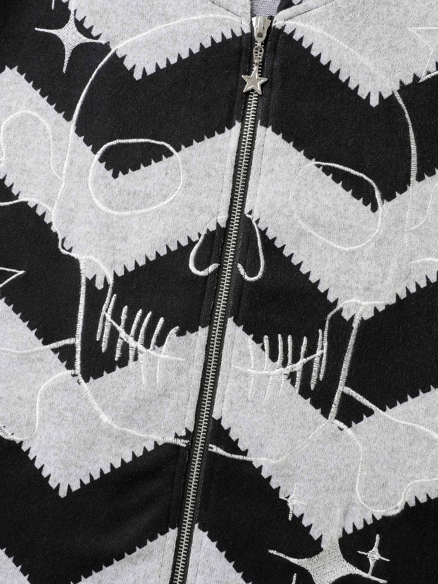 Wavy Stripe Skull Embroidery Zipper Hoodie - Image 7
