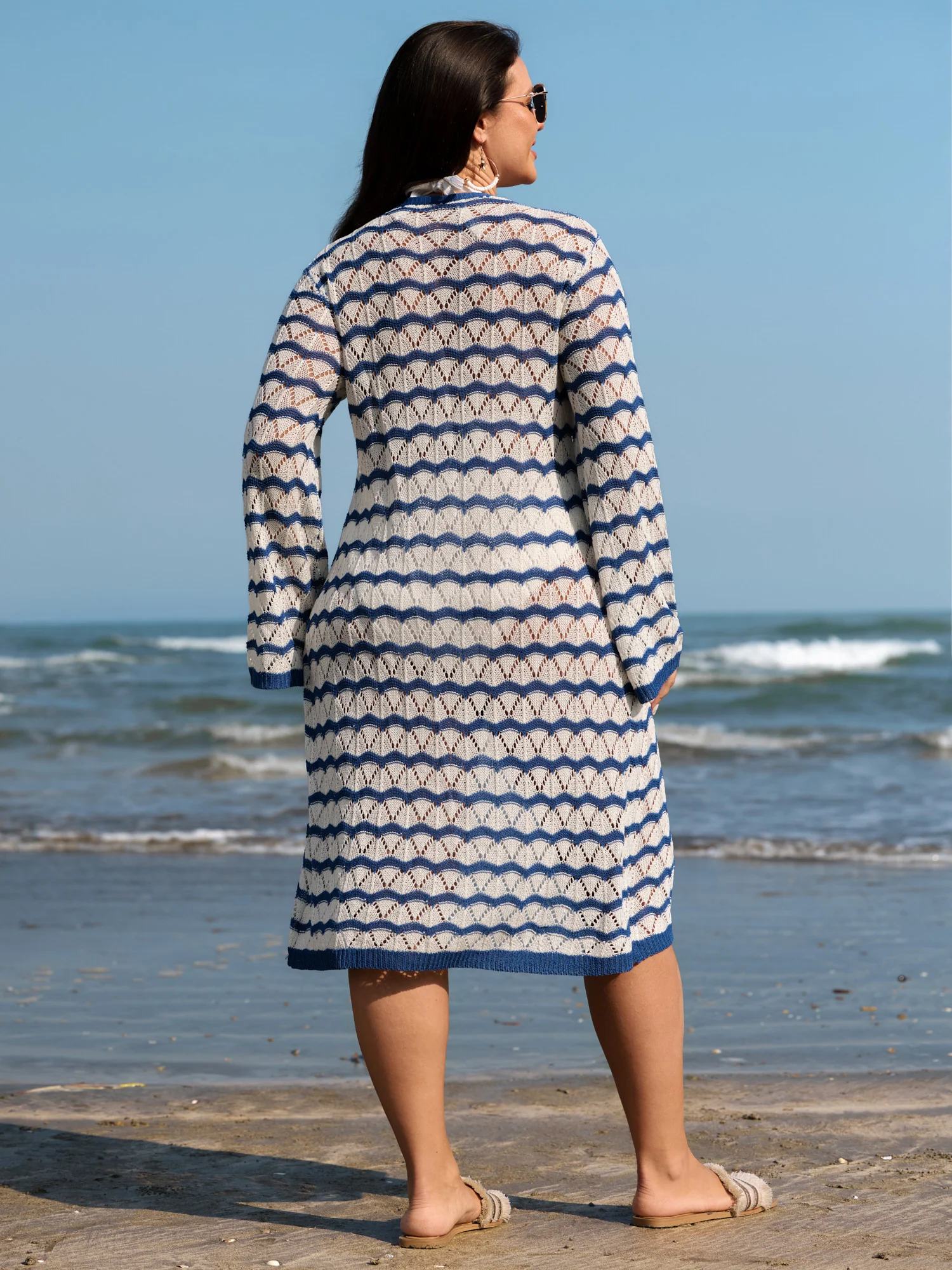 Wavy Striped Color Contrast Textured Swim Cover-Up - Image 5