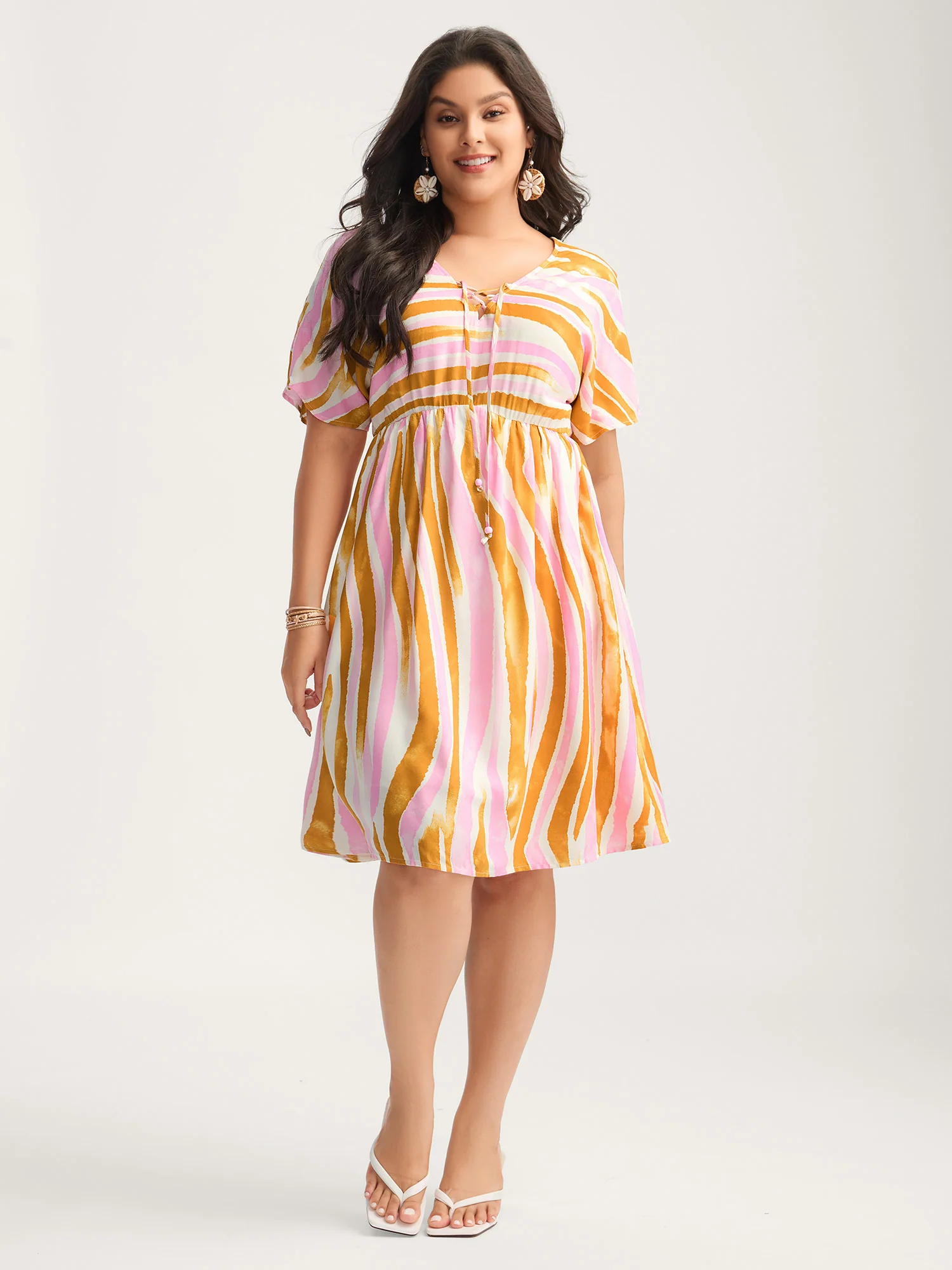 Wavy Stripes Neck Tie Tiered Midi Dress - Image 3