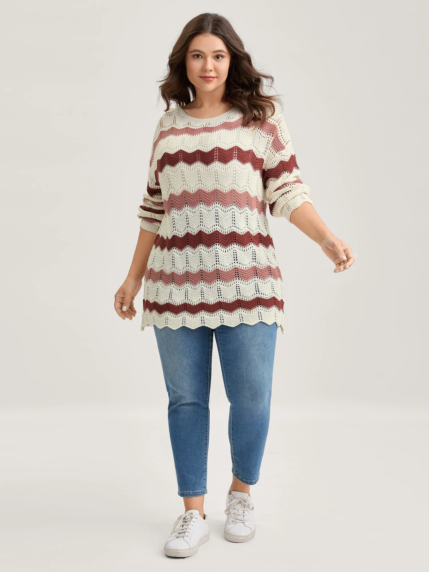 Wavy Textured Stripes Cut-Out Lightweight Pullover - Image 3