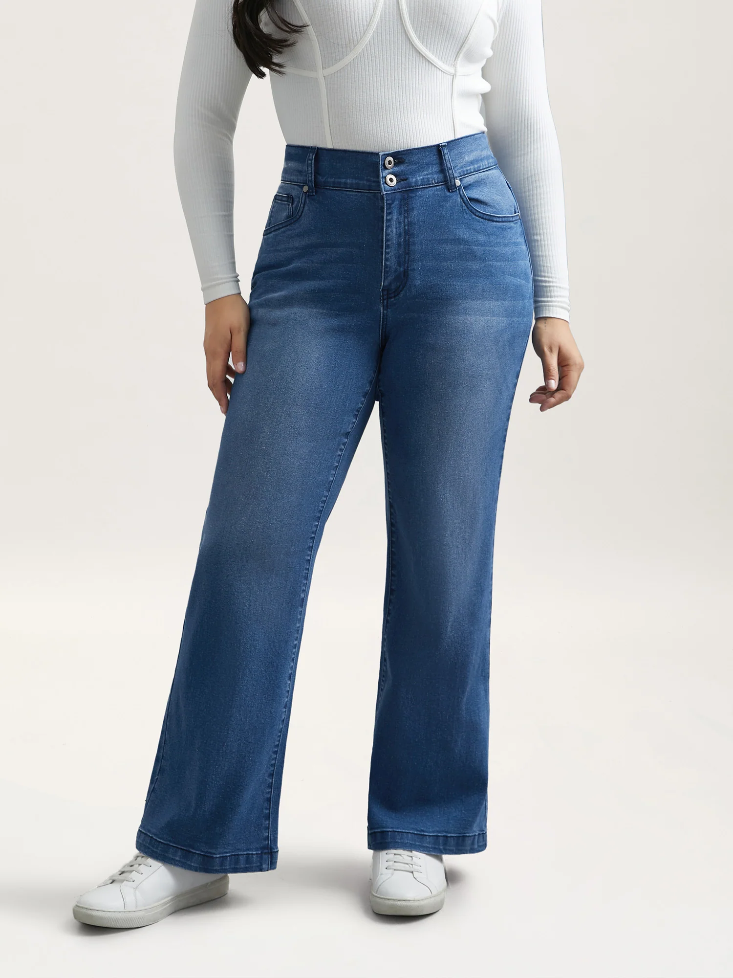 Whiskered Stretchy Waist Bootcut Jeans