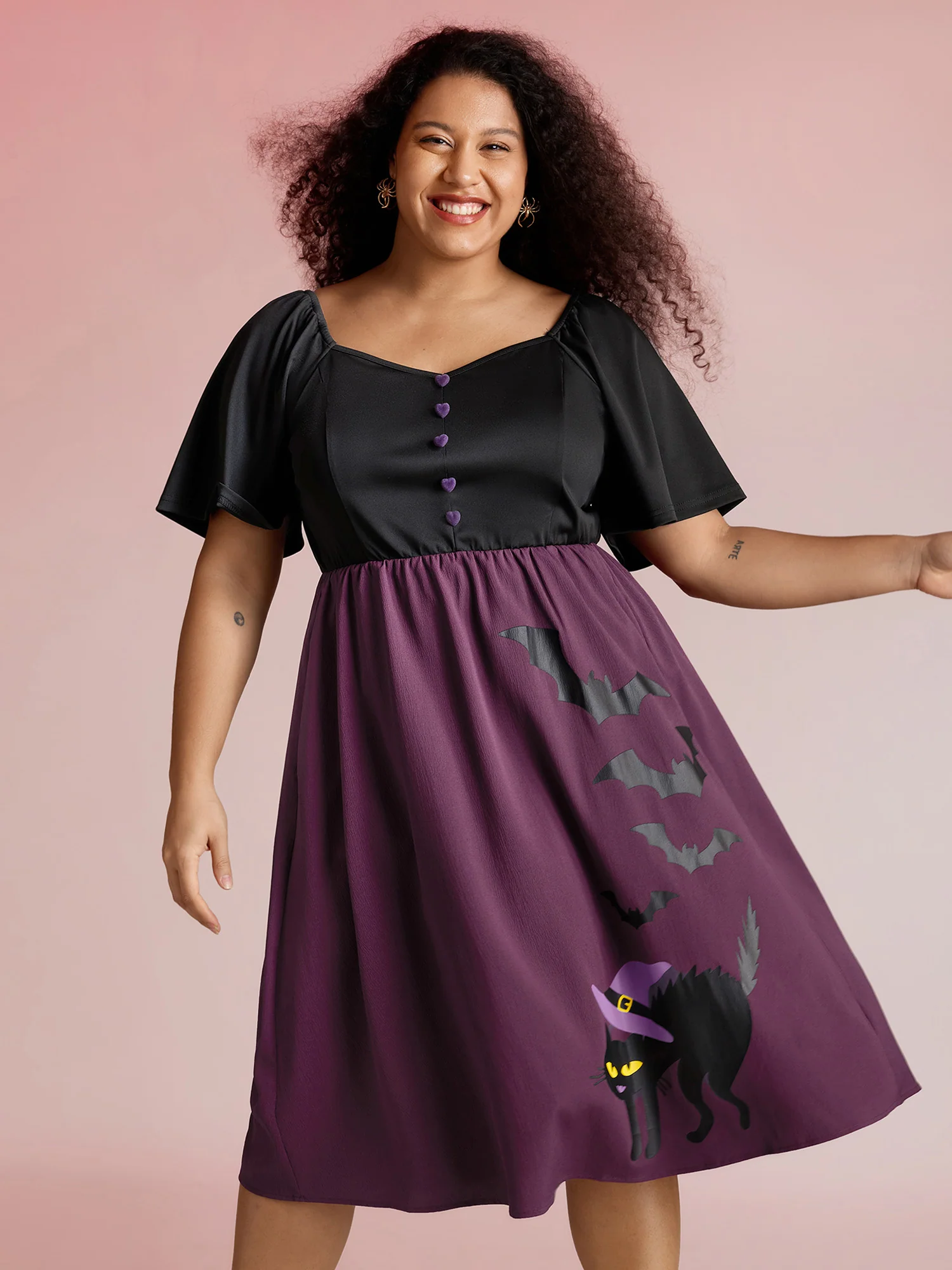 Wicked Halloween Print Contrast Button Midi Dress