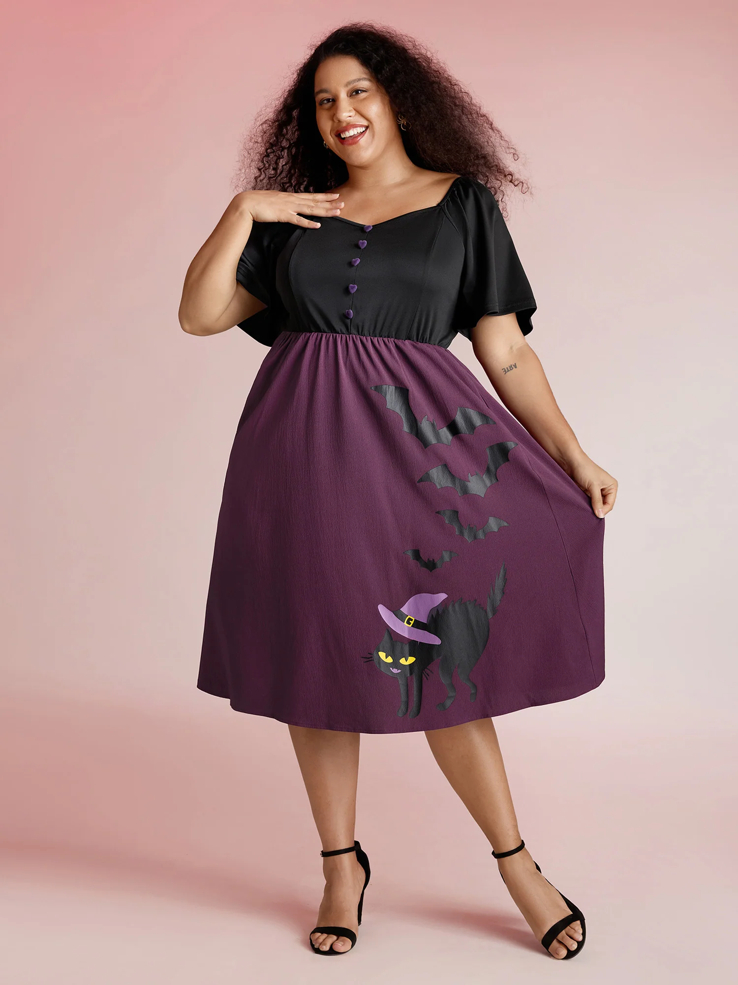 Wicked Halloween Print Contrast Button Midi Dress - Image 3
