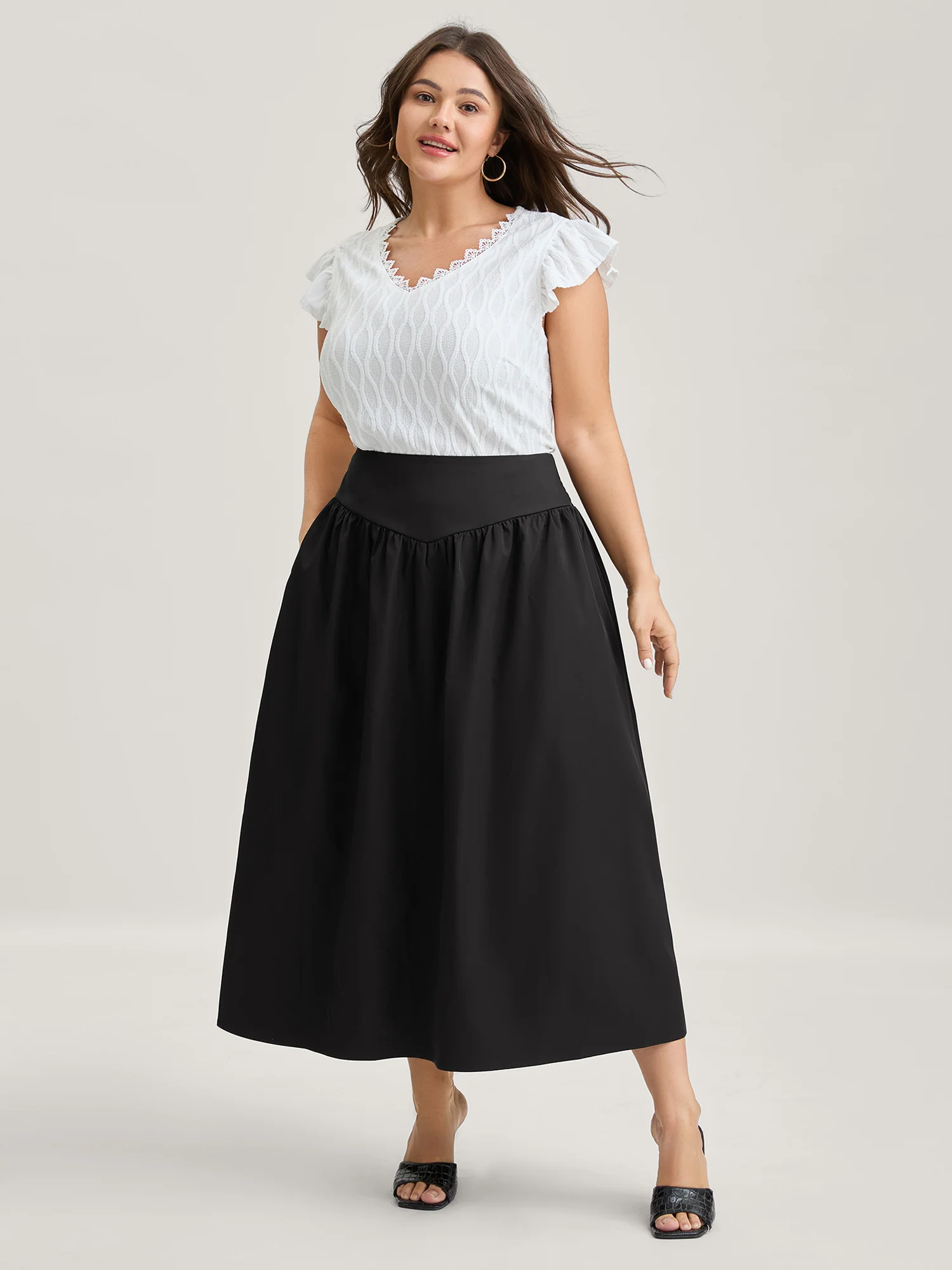 Wide Cinched-Waist Solid Midi Skirt - Image 2
