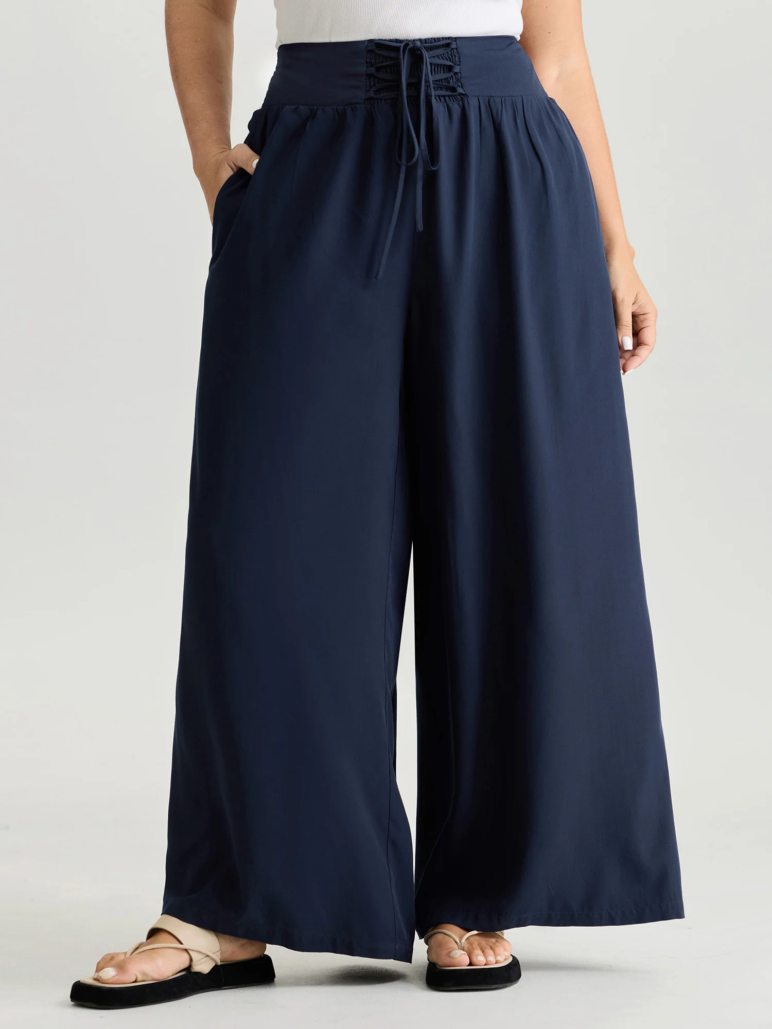 Wide Cross-Tie Waistband Pants - Image 2