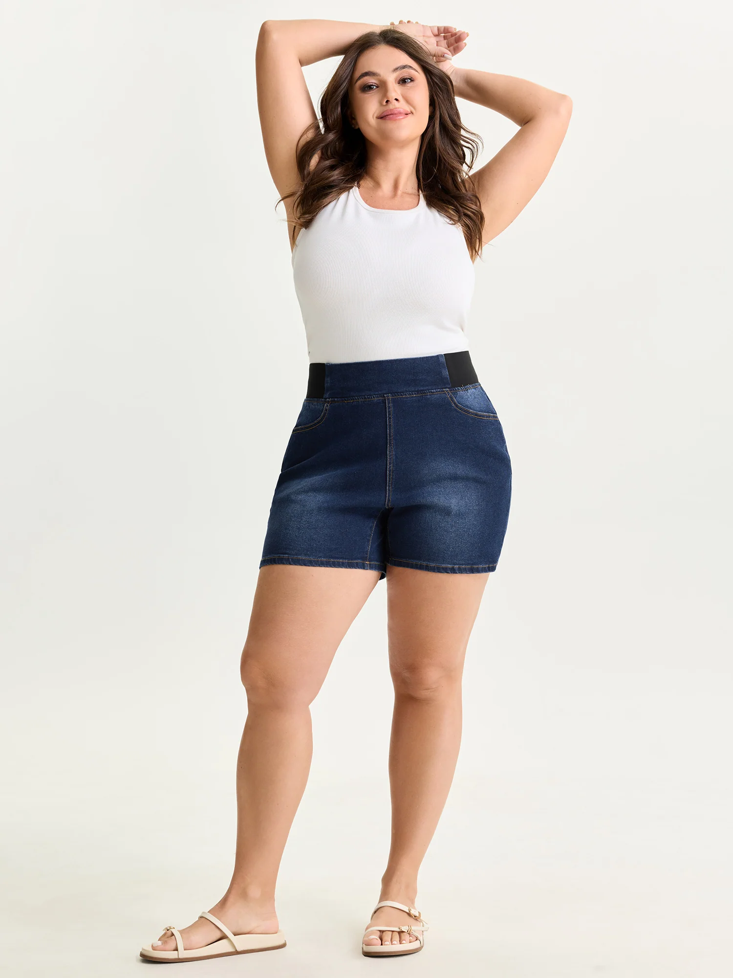 Wide Elastic Waistband Denim Shorts - Image 2