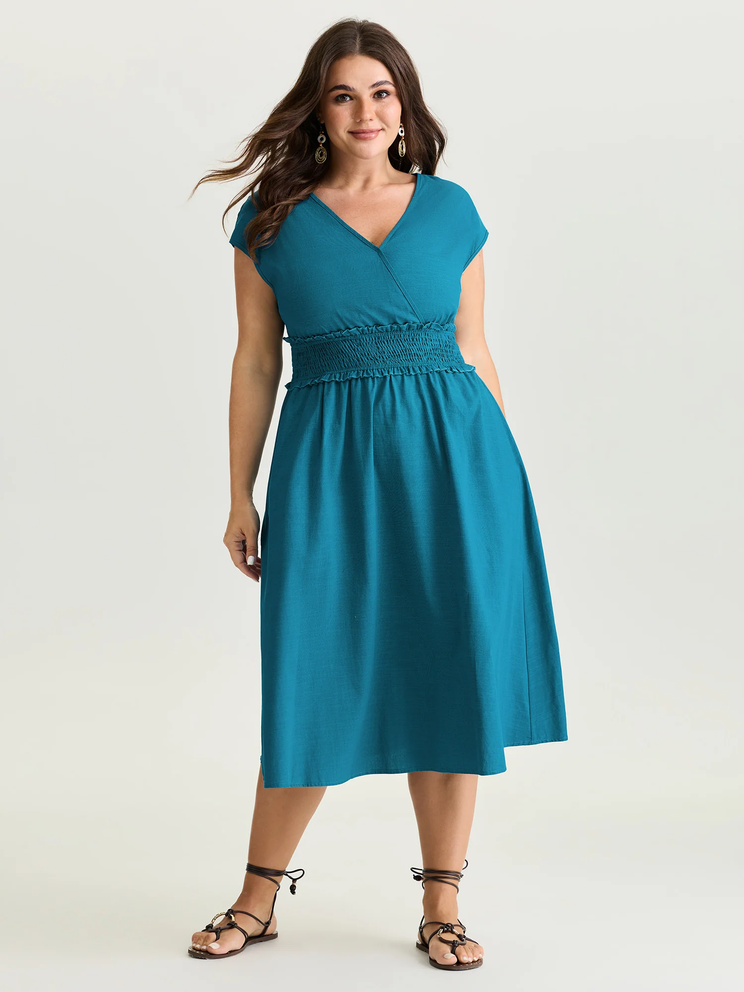 Wide Shirred Waist Surplice Neck Midi Dress - Image 3