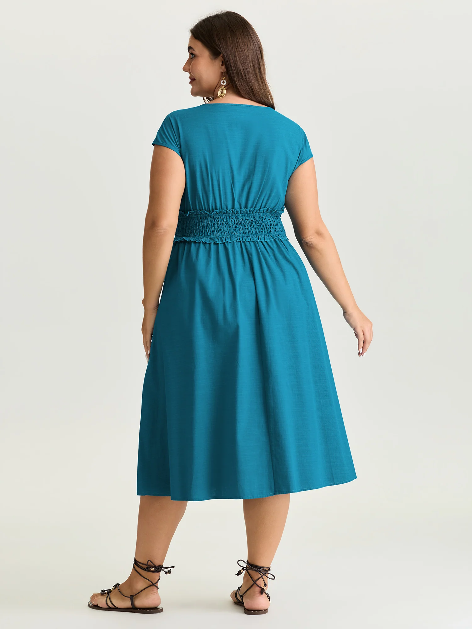 Wide Shirred Waist Surplice Neck Midi Dress - Image 4