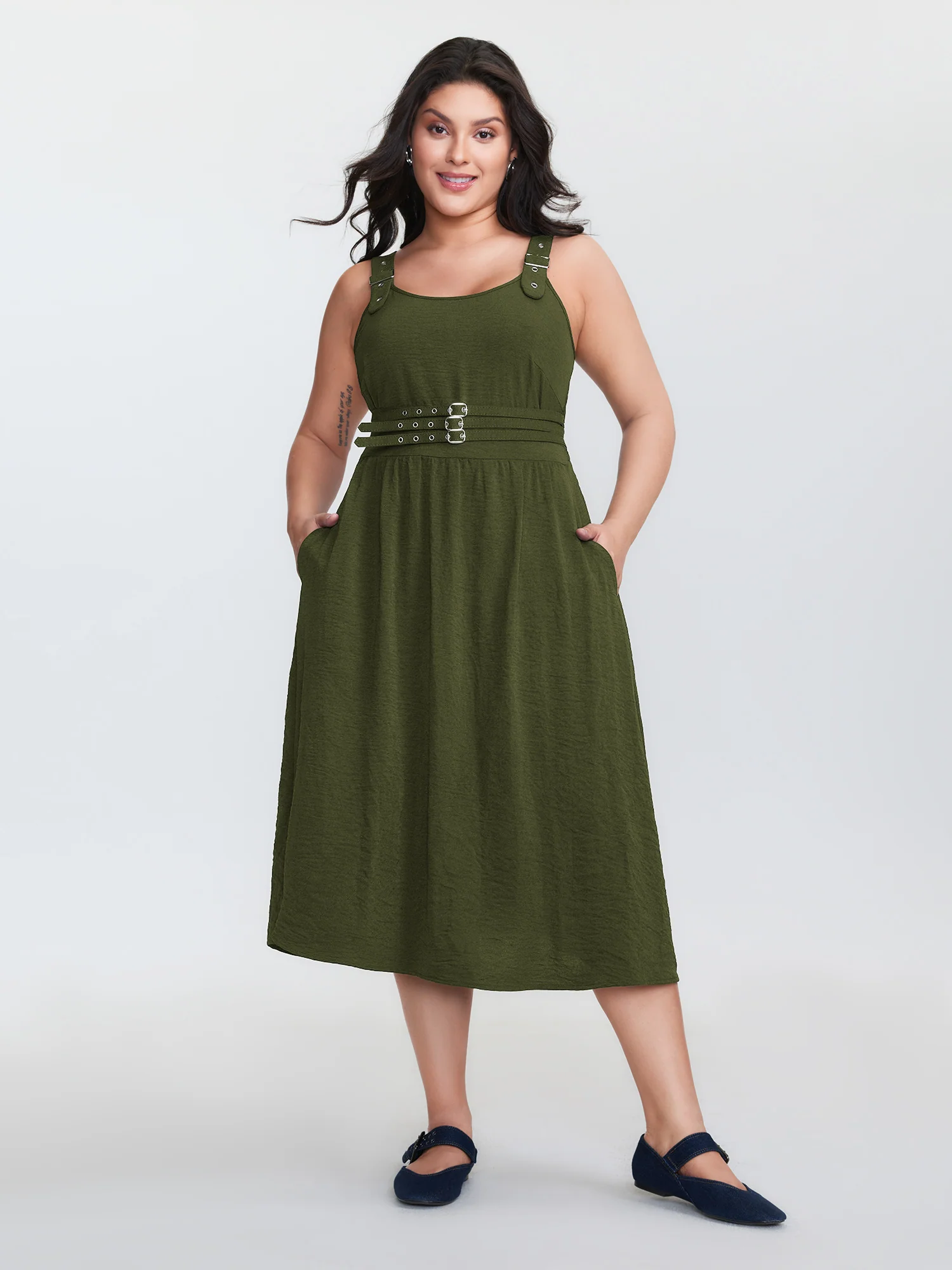 Wide Straps Belted Buckle Detail Midi Dress - Image 12
