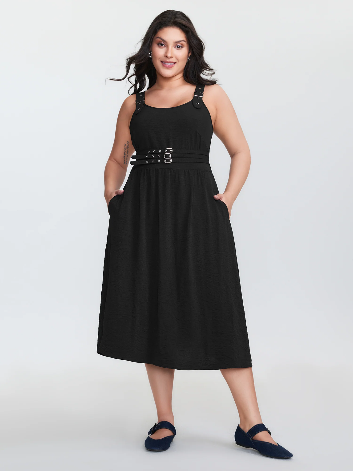 Wide Straps Belted Buckle Detail Midi Dress - Image 3