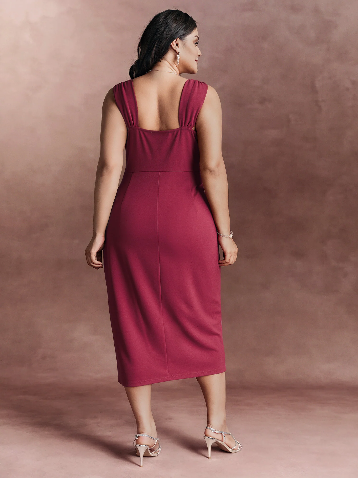 Wide-Straps Metallic Detail Bodycon Fit Midi Dress - Image 4