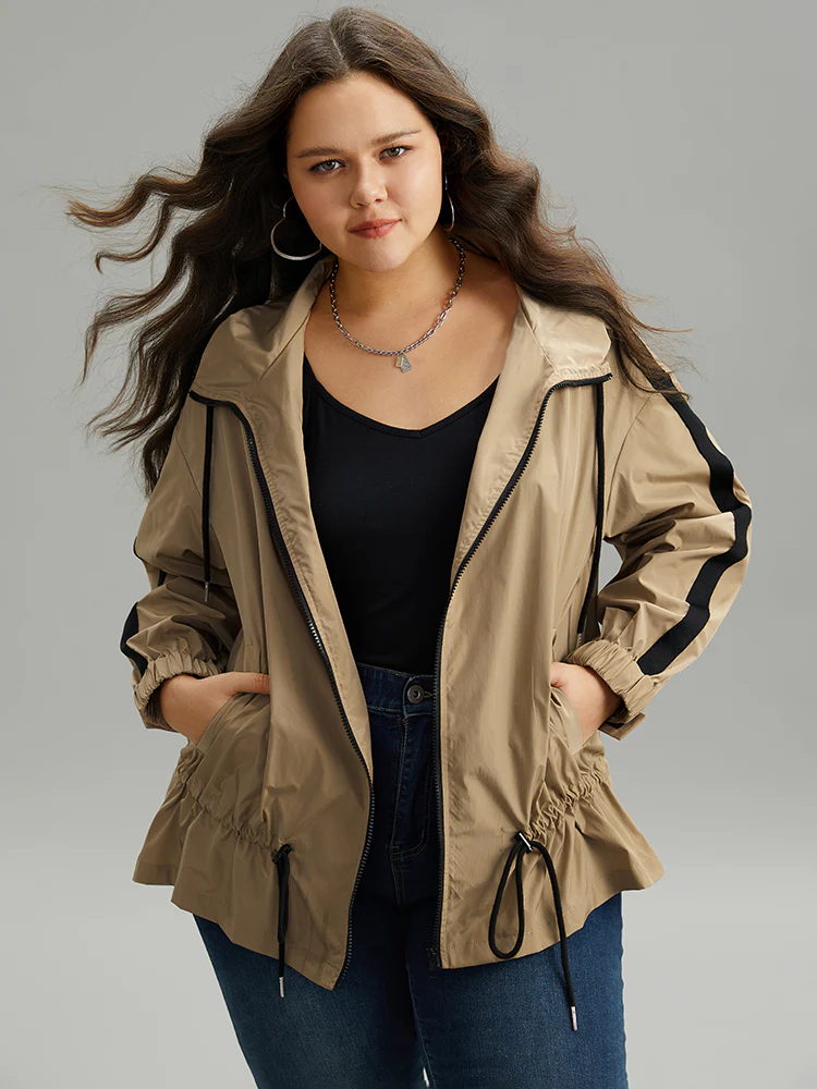 Wind-Resistant Contrast Trim Drawstring Jacket - Image 3