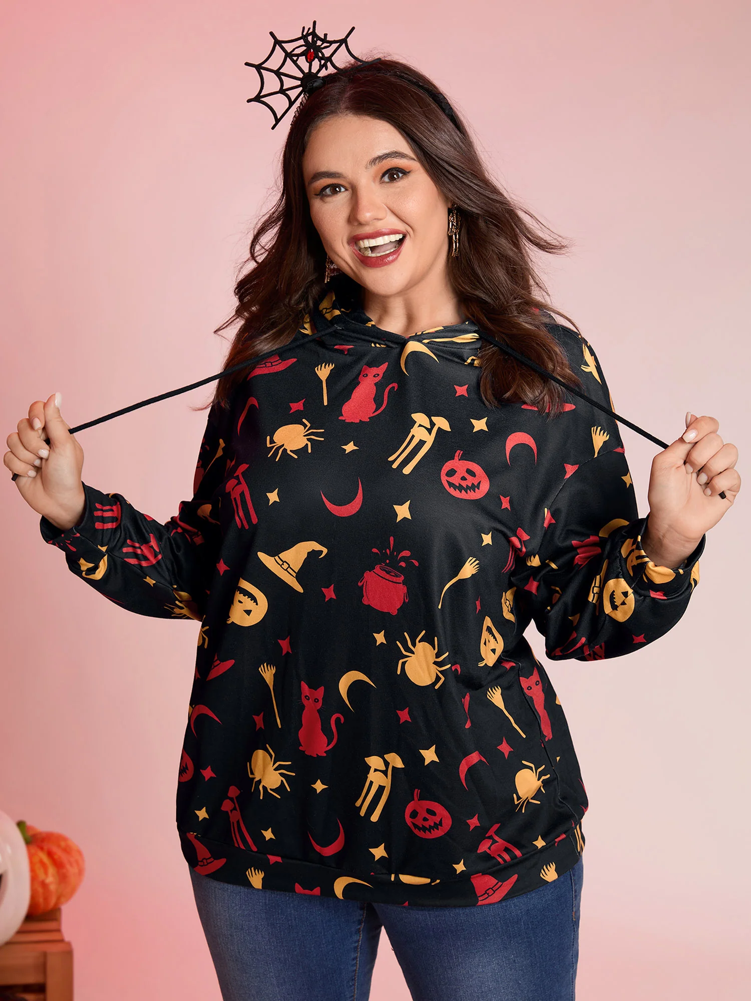 Witchy Pumpkin Print Neck Tie Hoodie