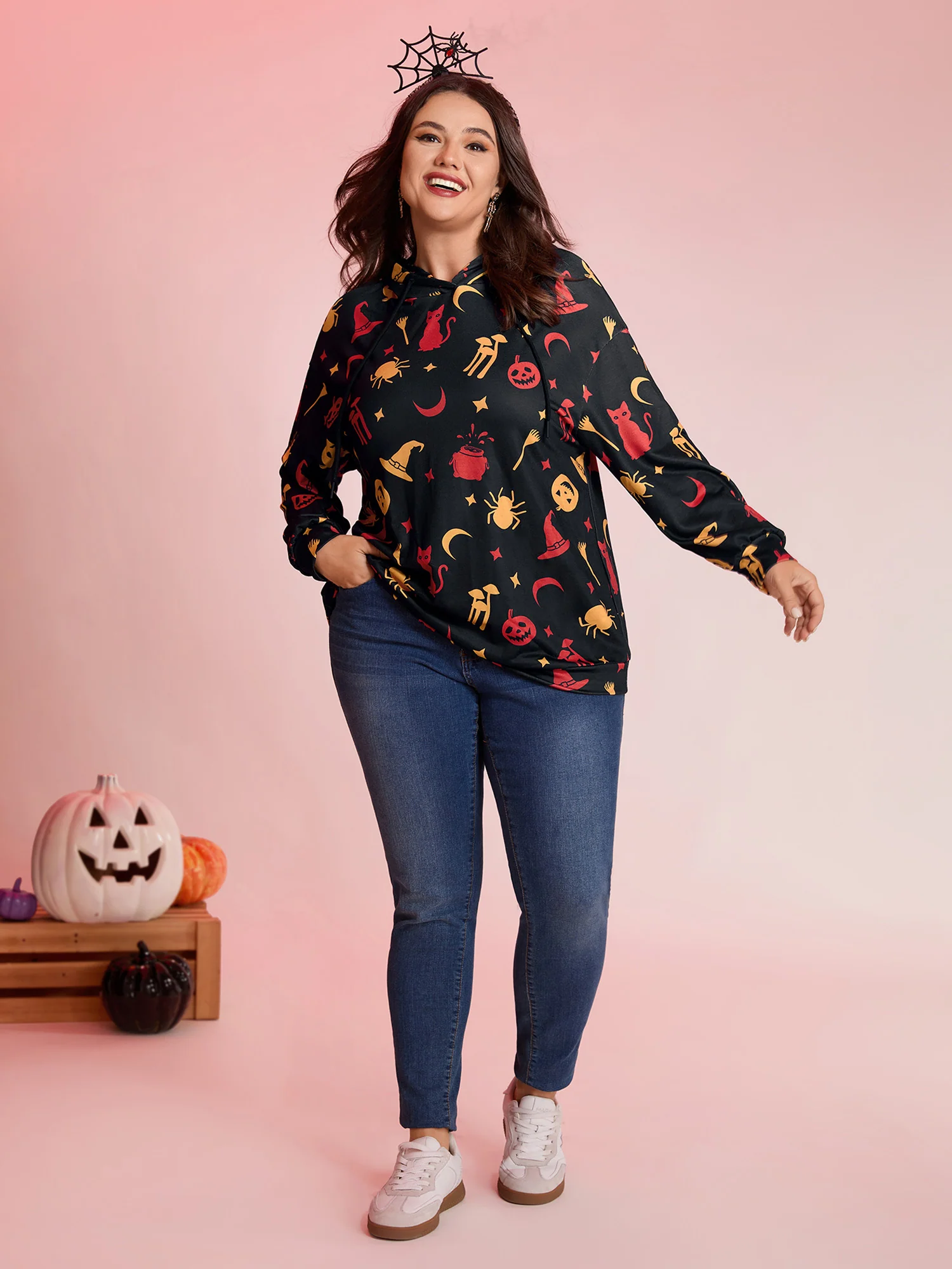 Witchy Pumpkin Print Neck Tie Hoodie - Image 3