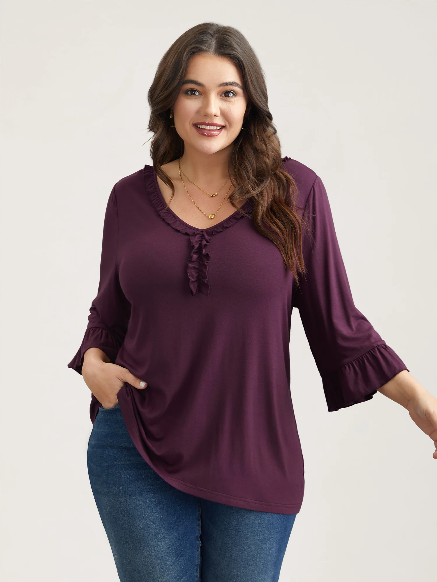 Wood-Ear Collar Ruffled Sleeve Top - Image 2