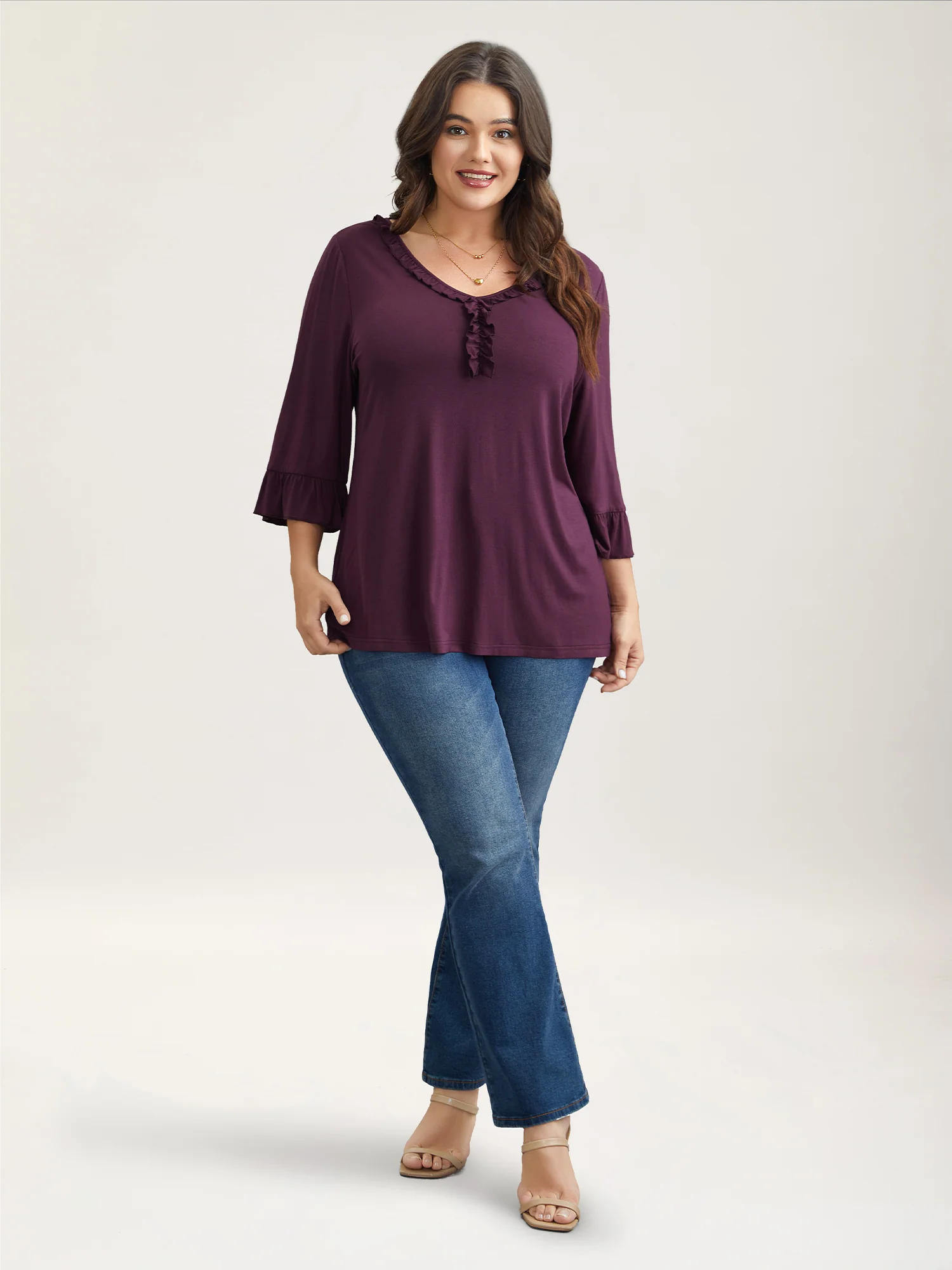 Wood-Ear Collar Ruffled Sleeve Top - Image 3