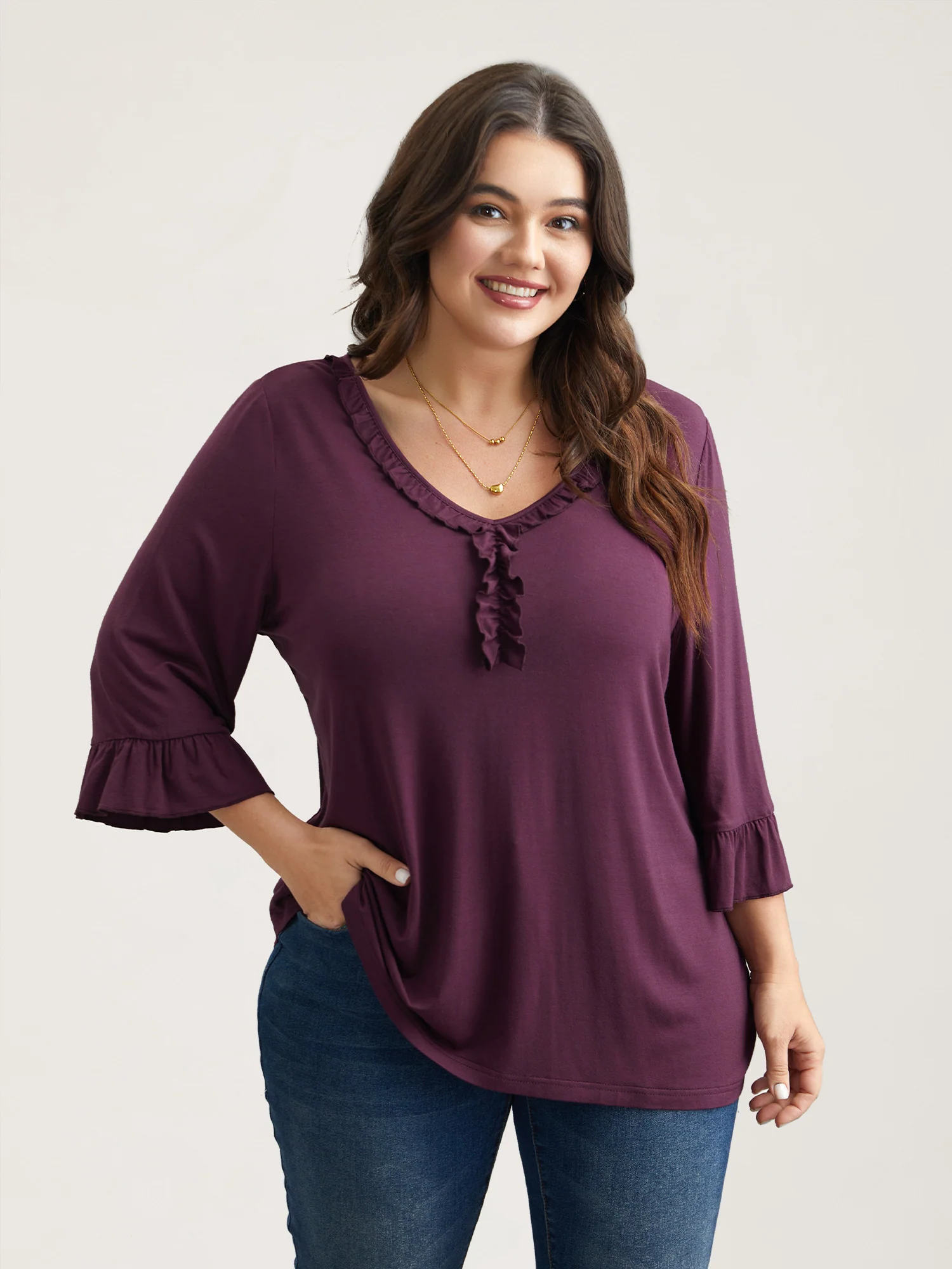 Wood-Ear Collar Ruffled Sleeve Top - Image 4
