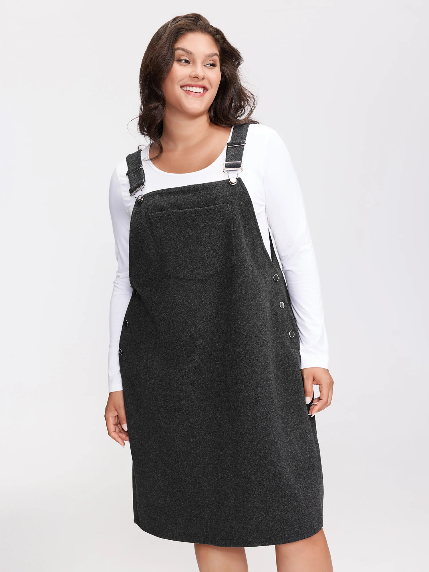 Woolen Pockets Adjustable Buttons Midi Dress - Image 3