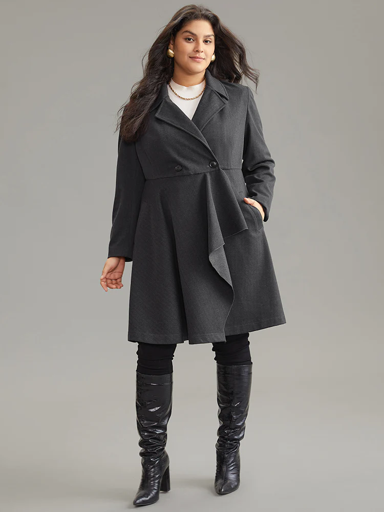 Woolen Solid Button Up Ruffle Trim Coat - Image 3