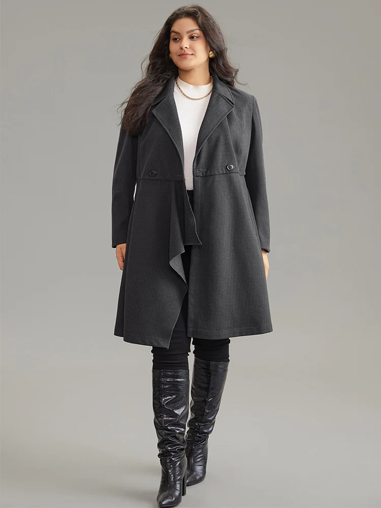 Woolen Solid Button Up Ruffle Trim Coat - Image 4