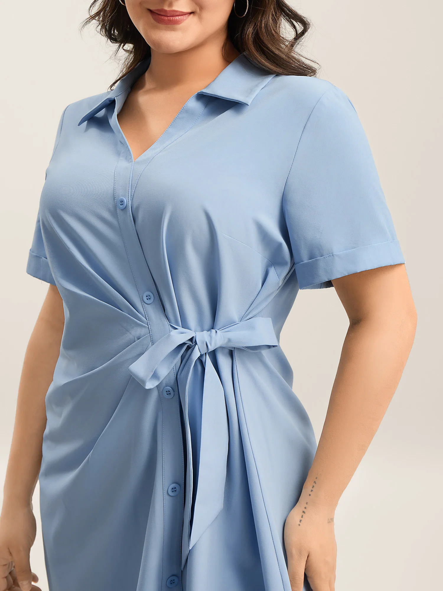 Woven Knotted Solid Shirt Dress - Image 2