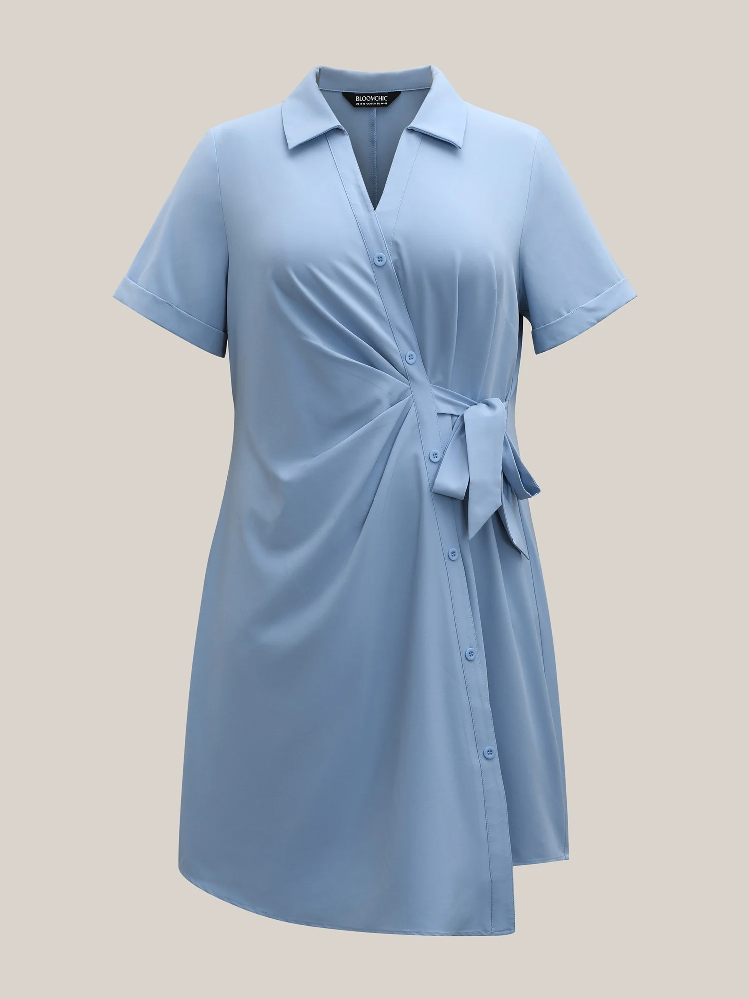 Woven Knotted Solid Shirt Dress - Image 5