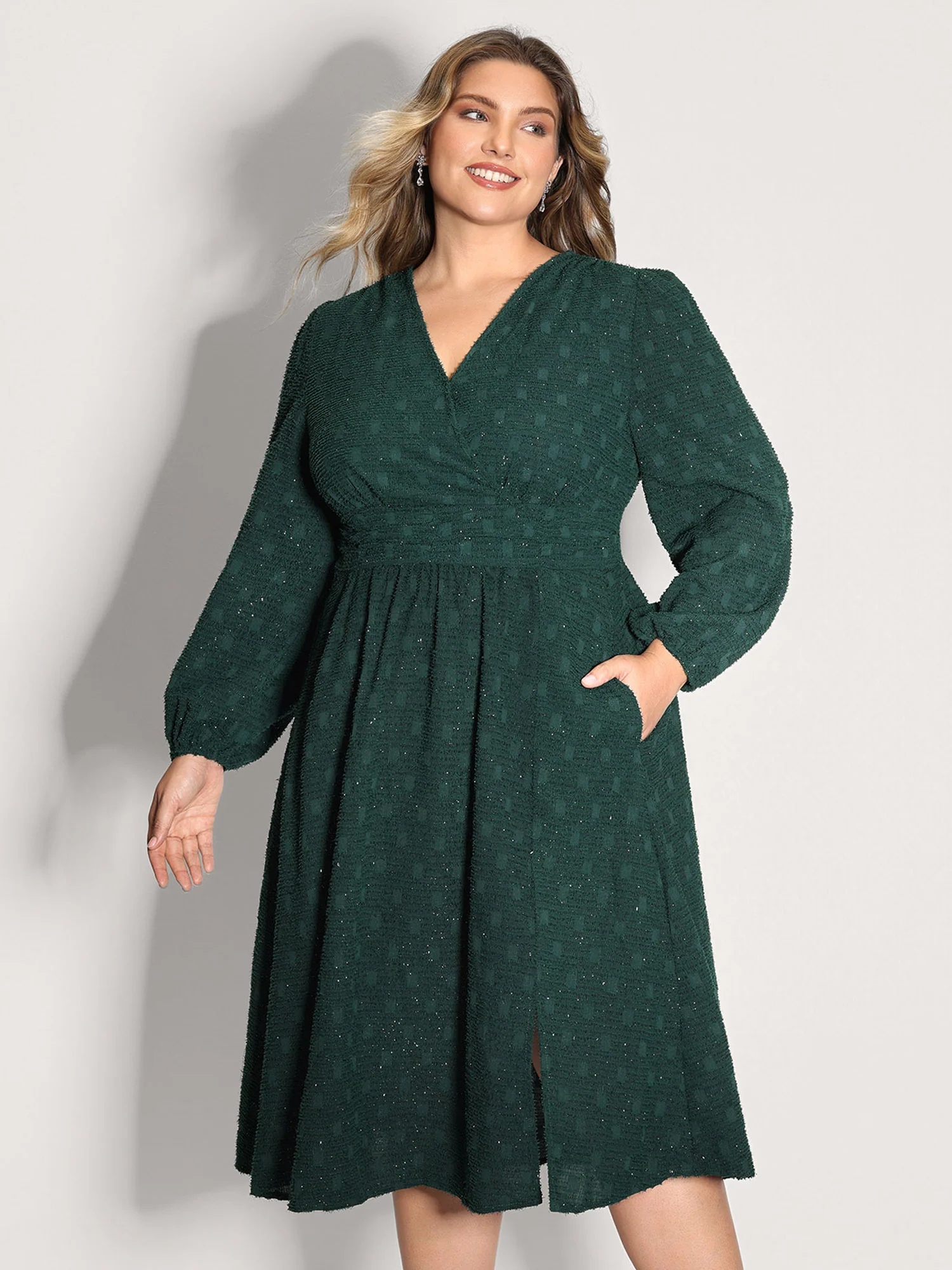 Woven Pleated Waist-Defining Wrap Midi Dress - Image 3