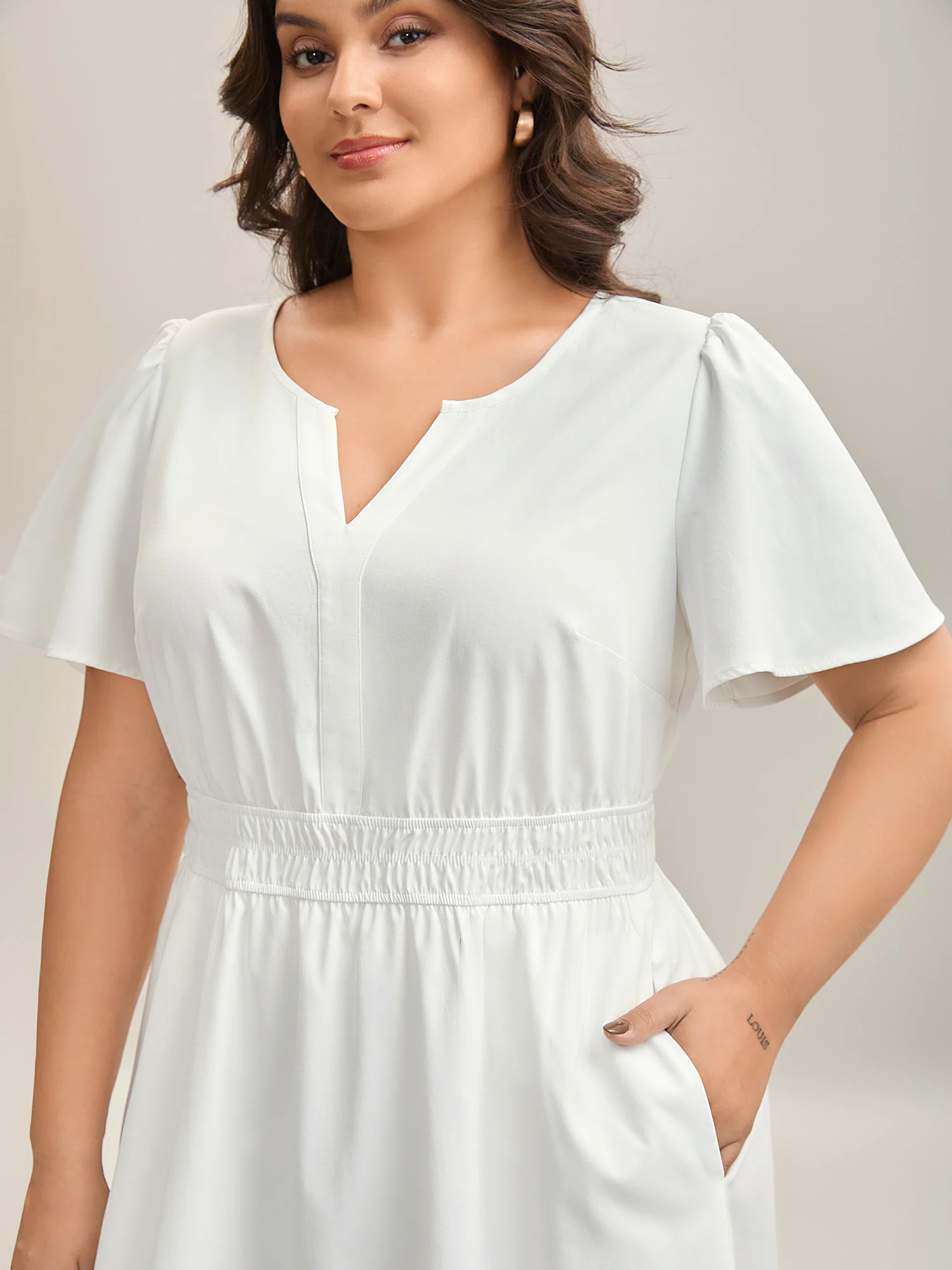 Woven Shirred Waist Split Neck Midi Dress - Image 2