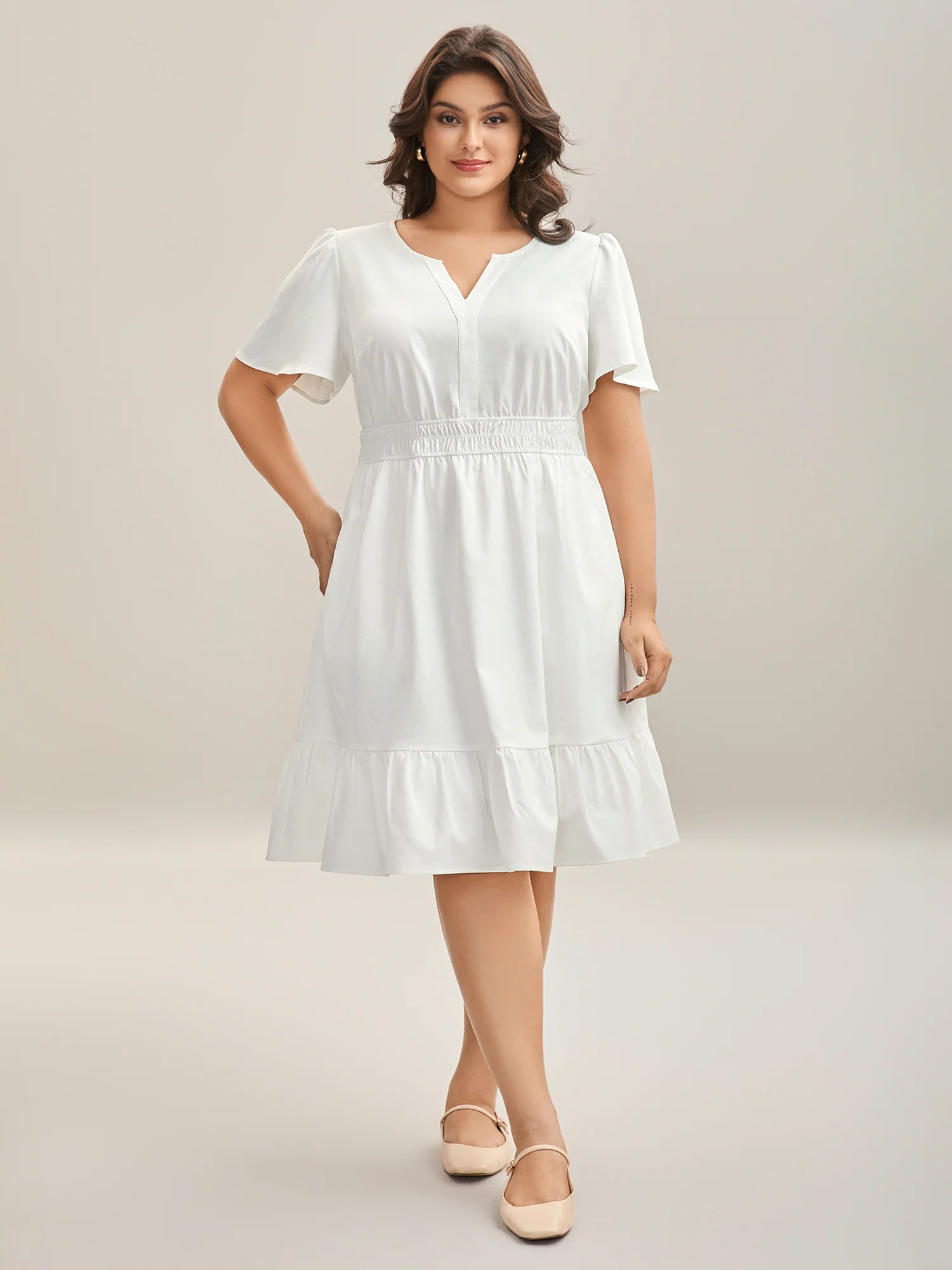 Woven Shirred Waist Split Neck Midi Dress - Image 3