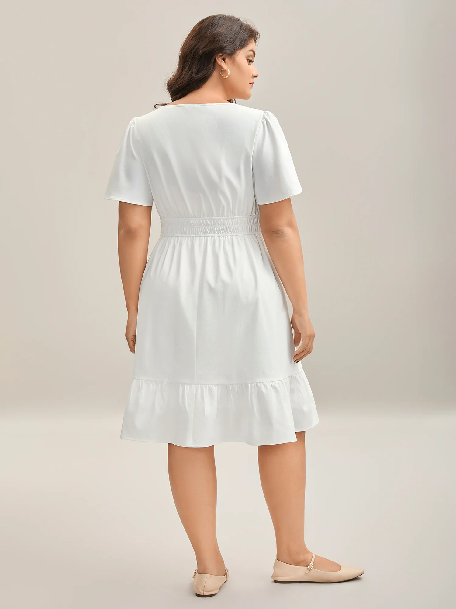Woven Shirred Waist Split Neck Midi Dress - Image 4