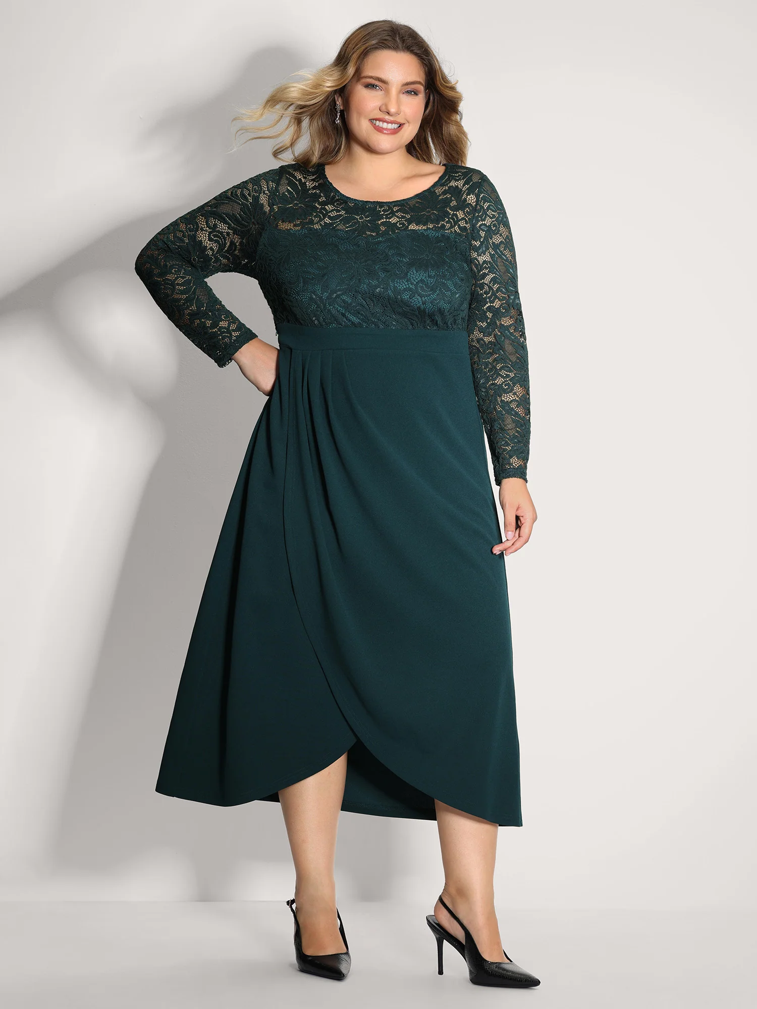 Wrap Hem Lace Sleeve Midi Dress - Image 3
