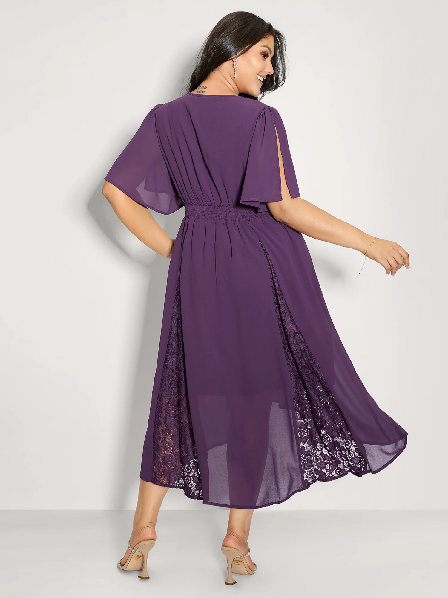 Wrap Neck Flowy Sleeve Sheer Mini Dress - Image 4