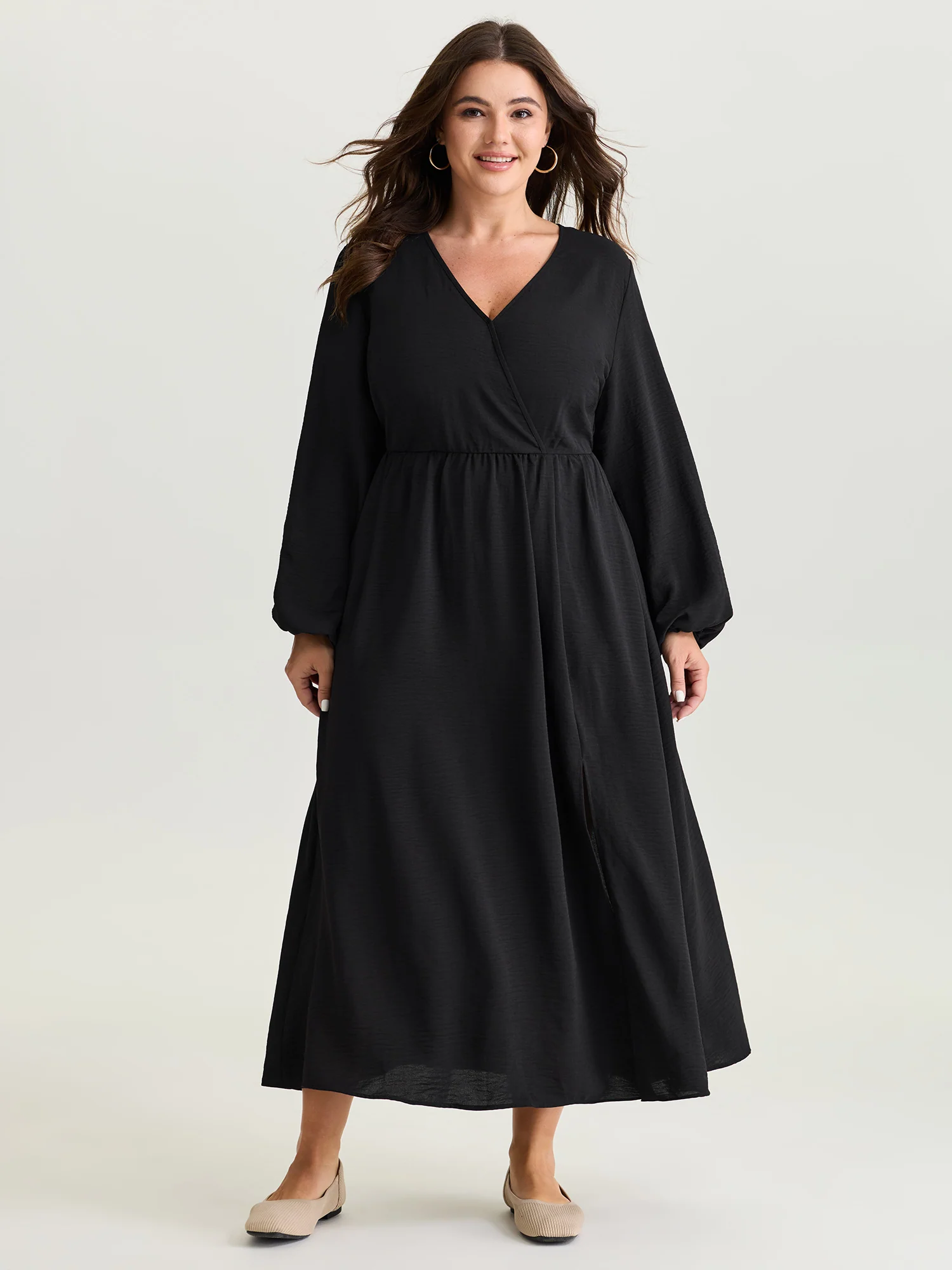 Wrap Neckline Slit Hem Flowy Maxi Dress - Image 3