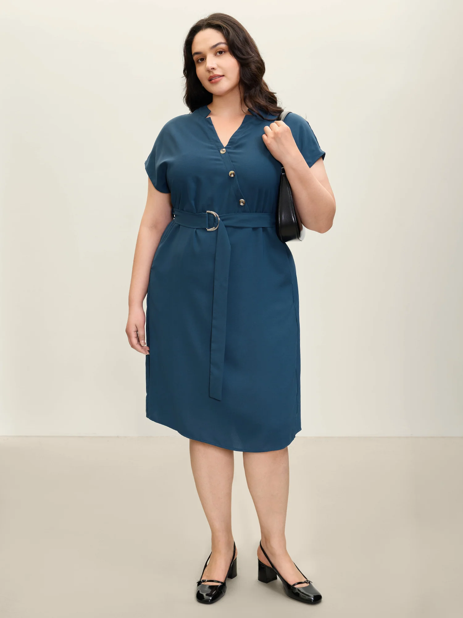 Wrap Style Button Detail Belted Midi Dress - Image 3