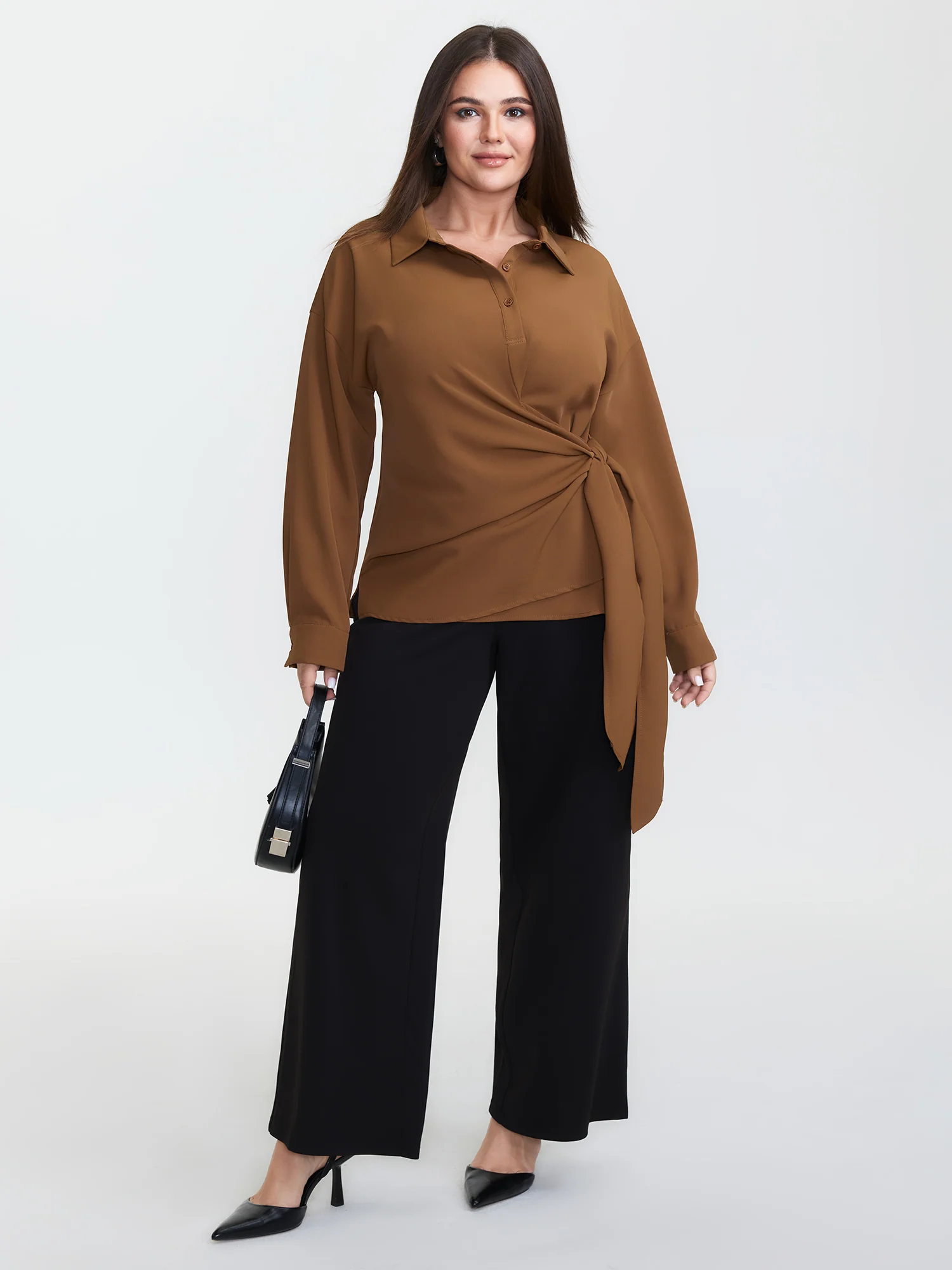 Wrap Tie Side Shirt Collar Blouse - Image 2