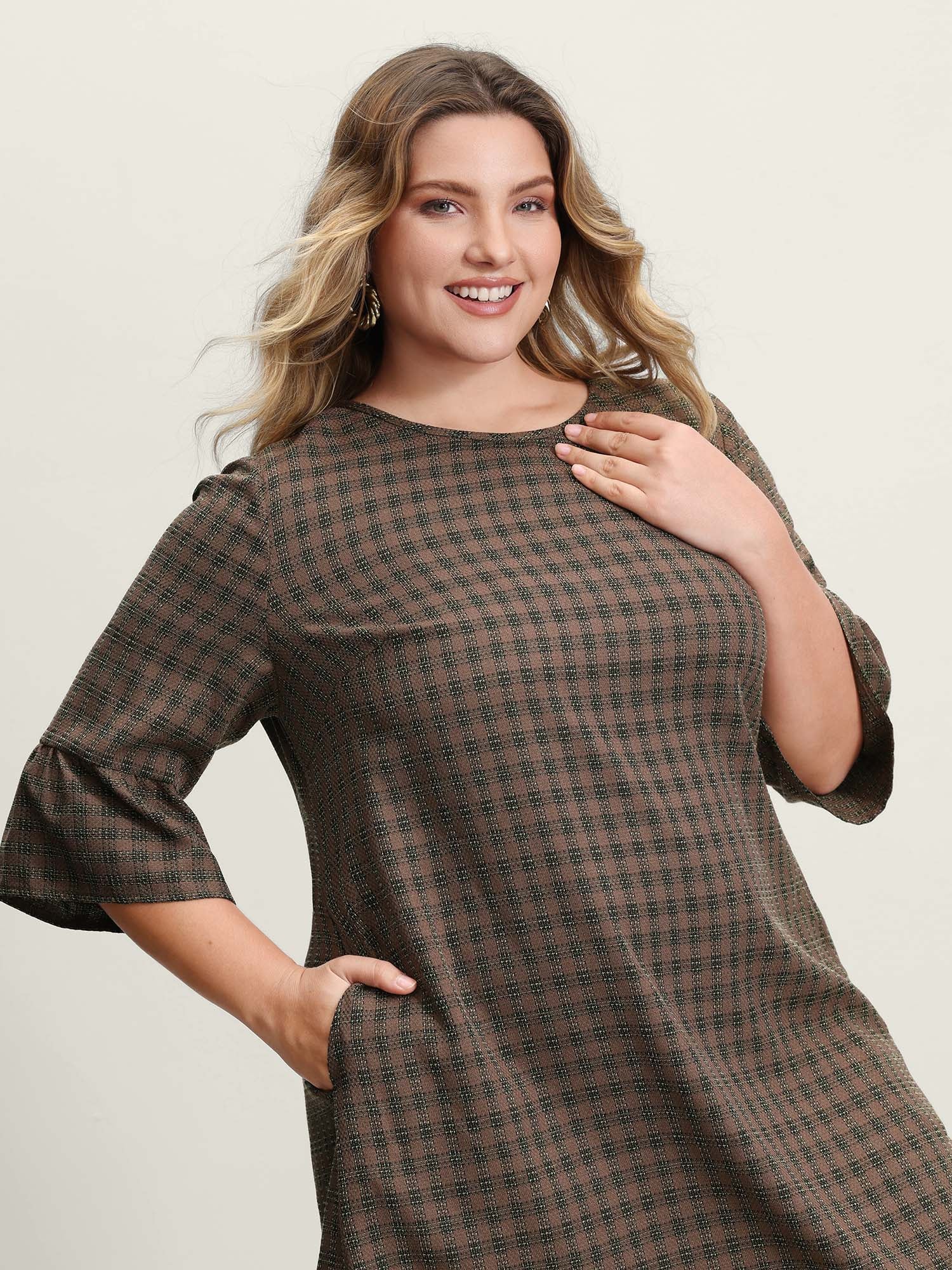 Yarn-Dyed Flared Sleeve A-Line Knee-Length Dress - Image 2