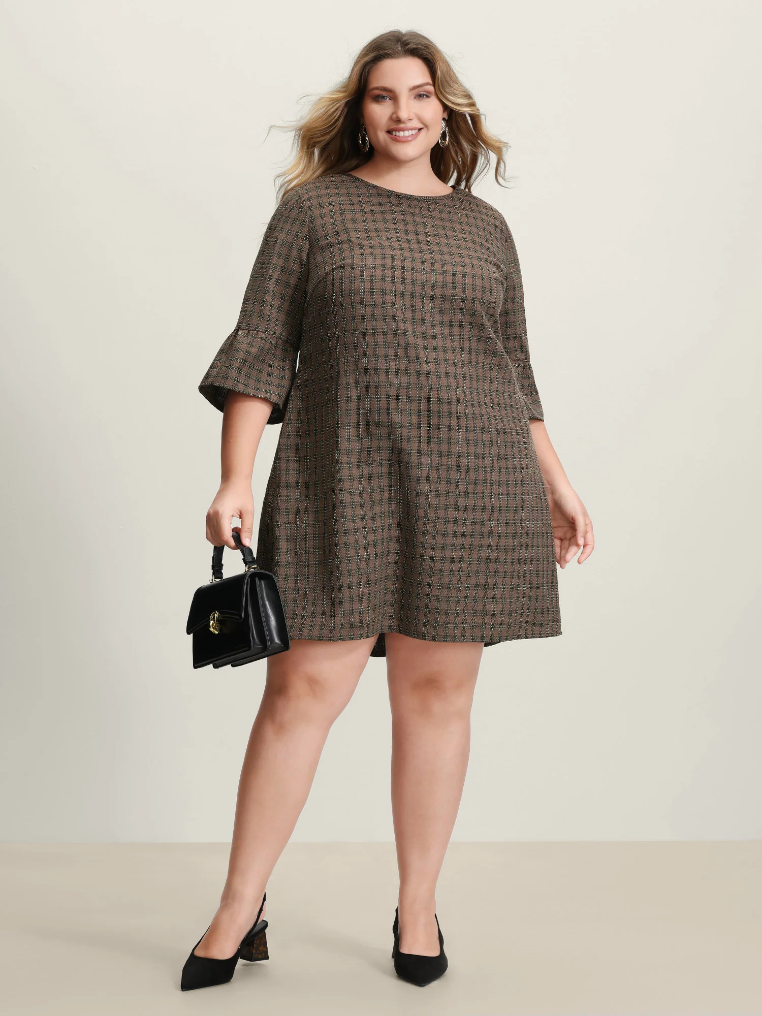 Yarn-Dyed Flared Sleeve A-Line Knee-Length Dress - Image 3