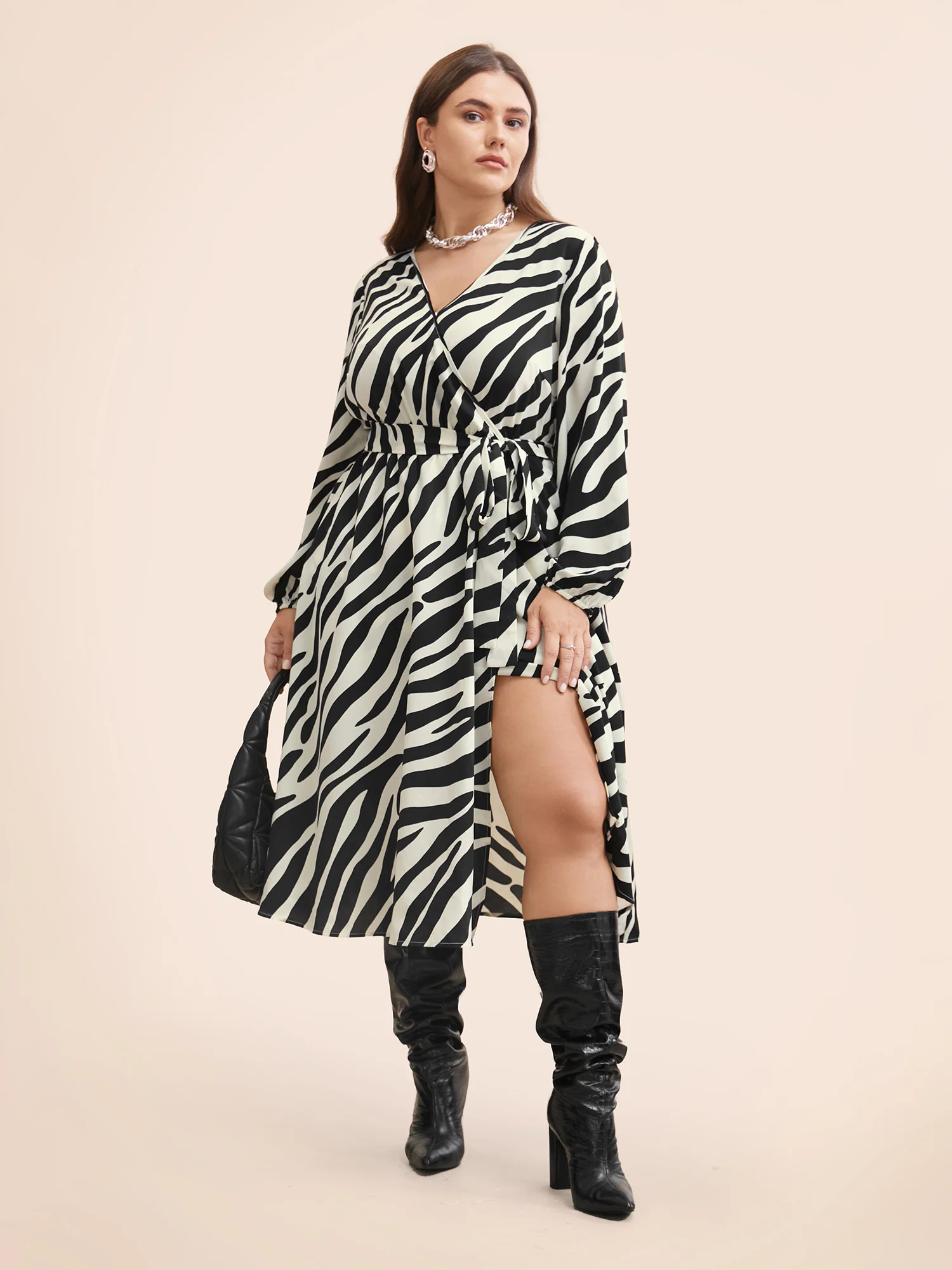 Zebra Print Overlap Collar Split Hem Dress - Image 2